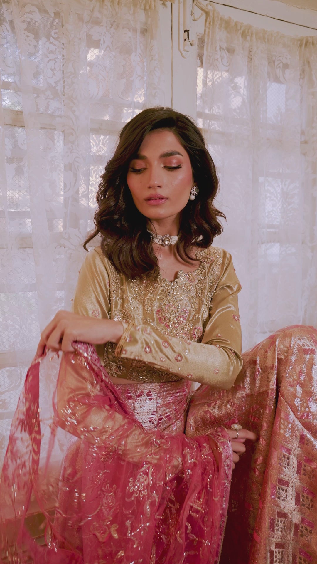 Pakistani Gold Embroidered Satin Zari & Jamawar Lehenga (3-Piece) - Image 8