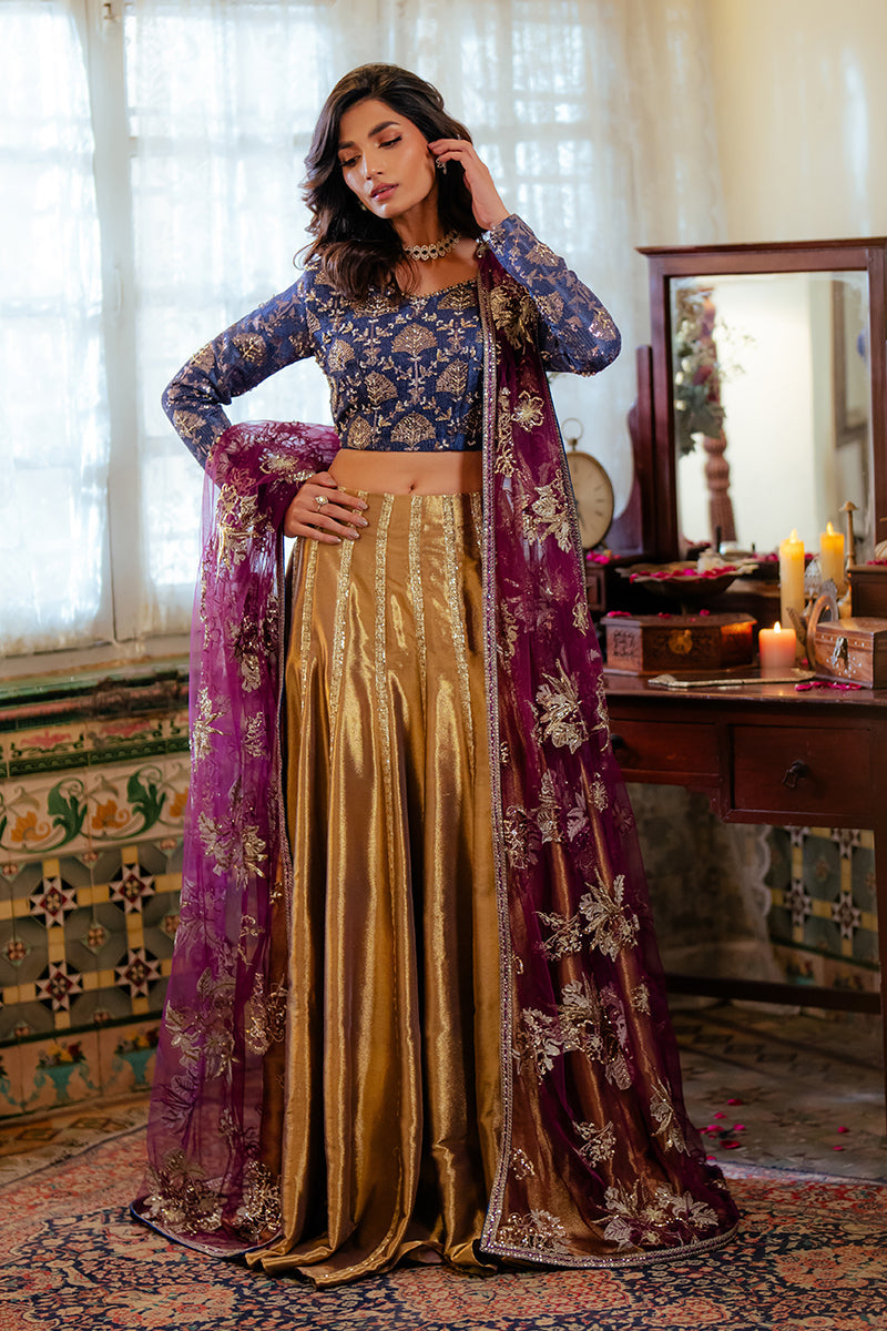 Blue Satin Zari Lehenga with Embroidered Dupatta (3-Piece) - Image 1