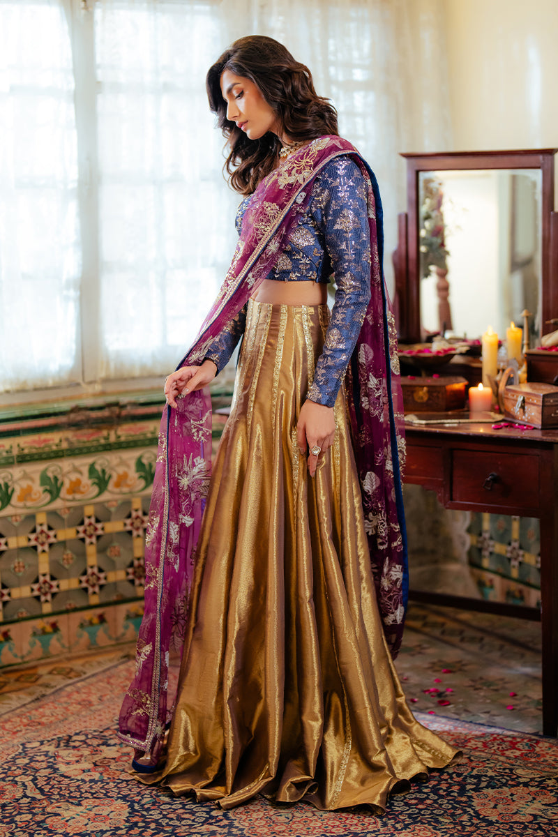 Blue Satin Zari Lehenga with Embroidered Dupatta (3-Piece) - Image 5