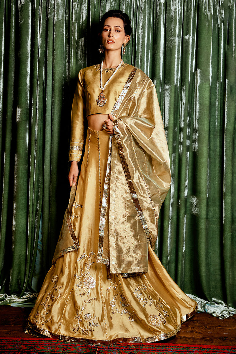 Golden Metallic Floral Sheesha Silk Lehenga (3-Piece) - Image 1