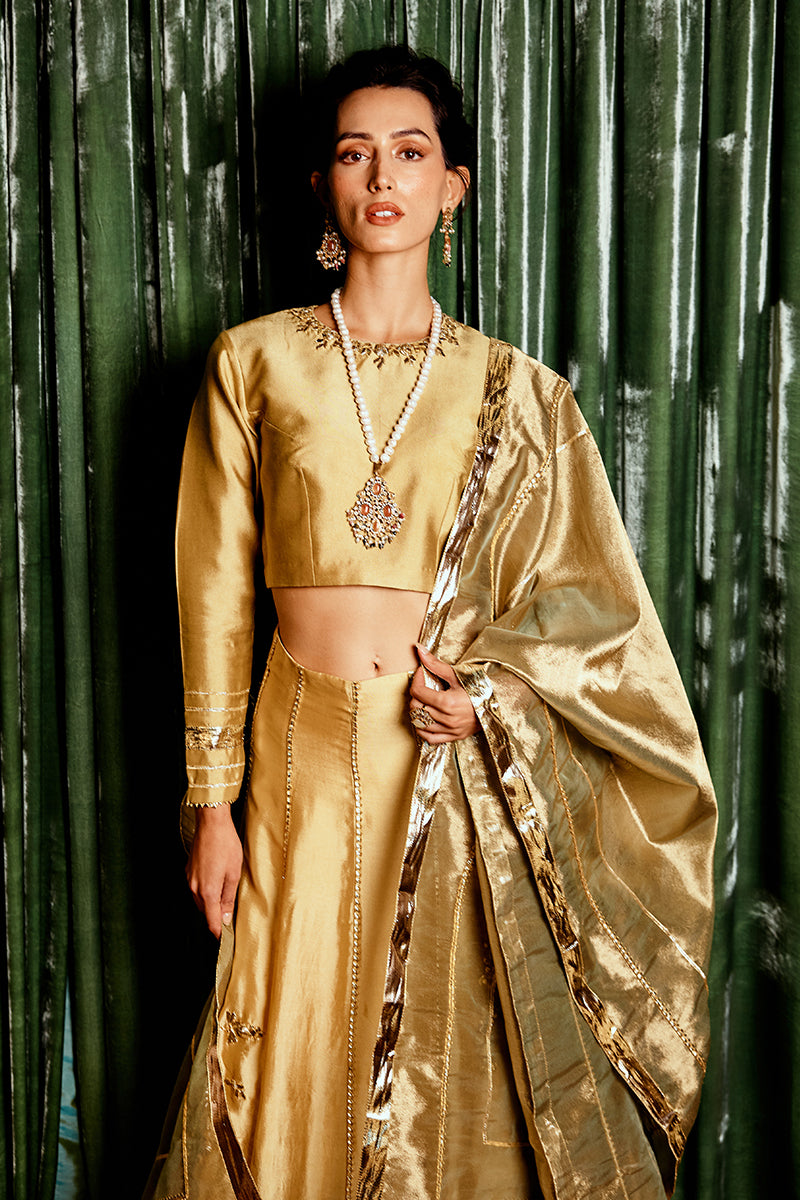 Golden Metallic Floral Sheesha Silk Lehenga (3-Piece) - Image 2