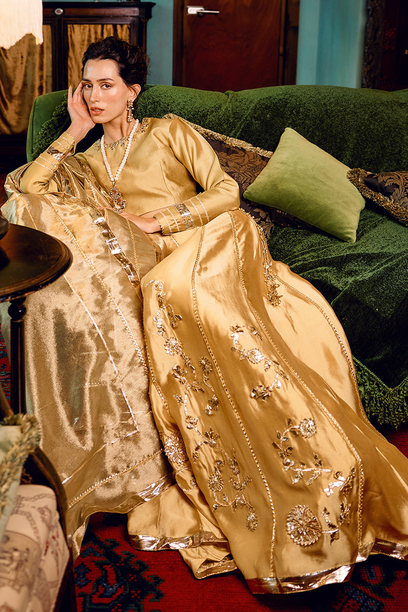 Golden Metallic Floral Sheesha Silk Lehenga (3-Piece) - Image 4