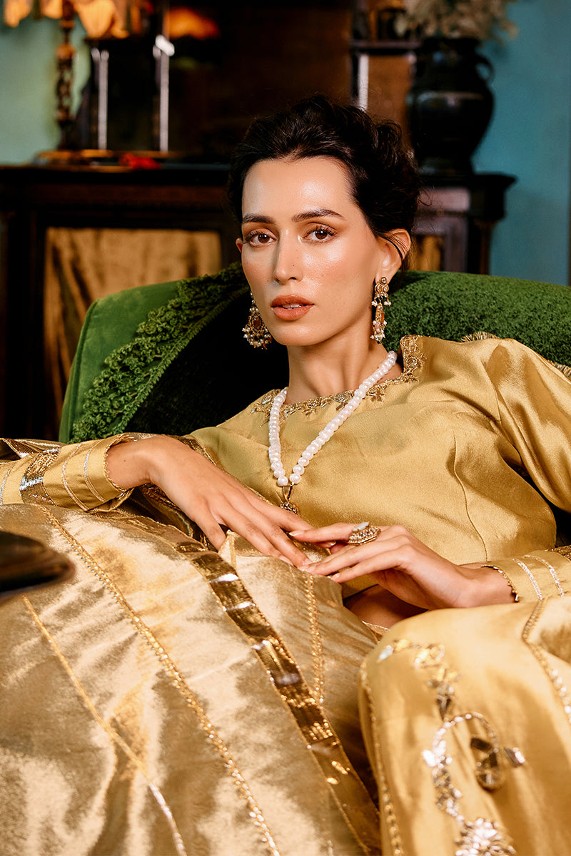 Golden Metallic Floral Sheesha Silk Lehenga (3-Piece) - Image 6