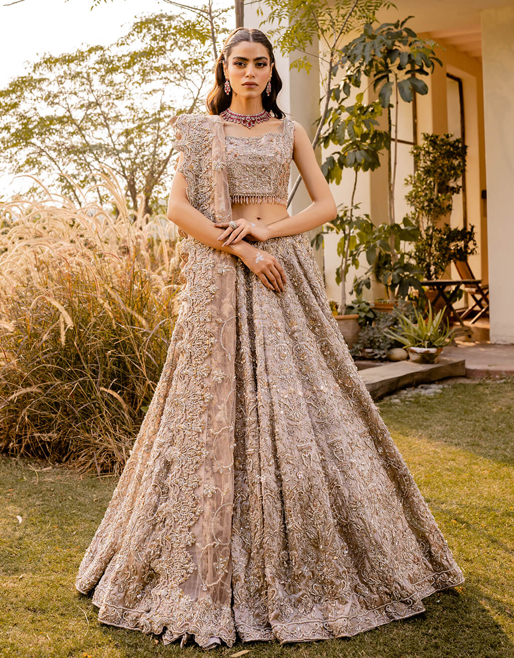 Rose Gold Embellished Silk-Blend Bridal Lehenga (3-Piece) - Image 1