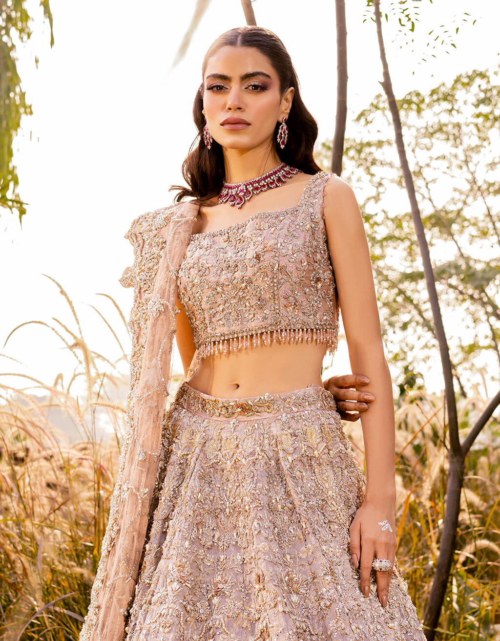 Rose Gold Embellished Silk-Blend Bridal Lehenga (3-Piece) - Image 2