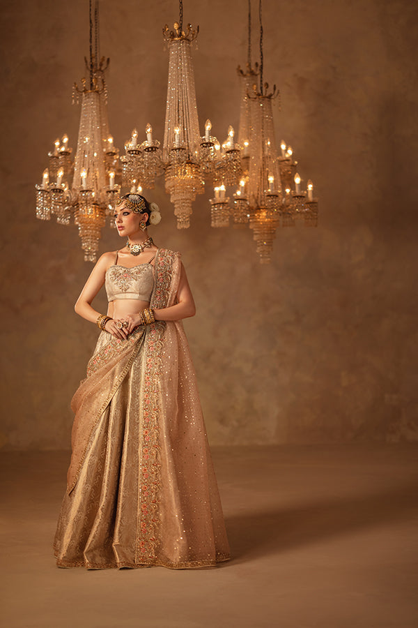 Pakistani Champagne Hand-Embellished Silk Blend Angrakha Lehenga (3-Piece) - Image 1