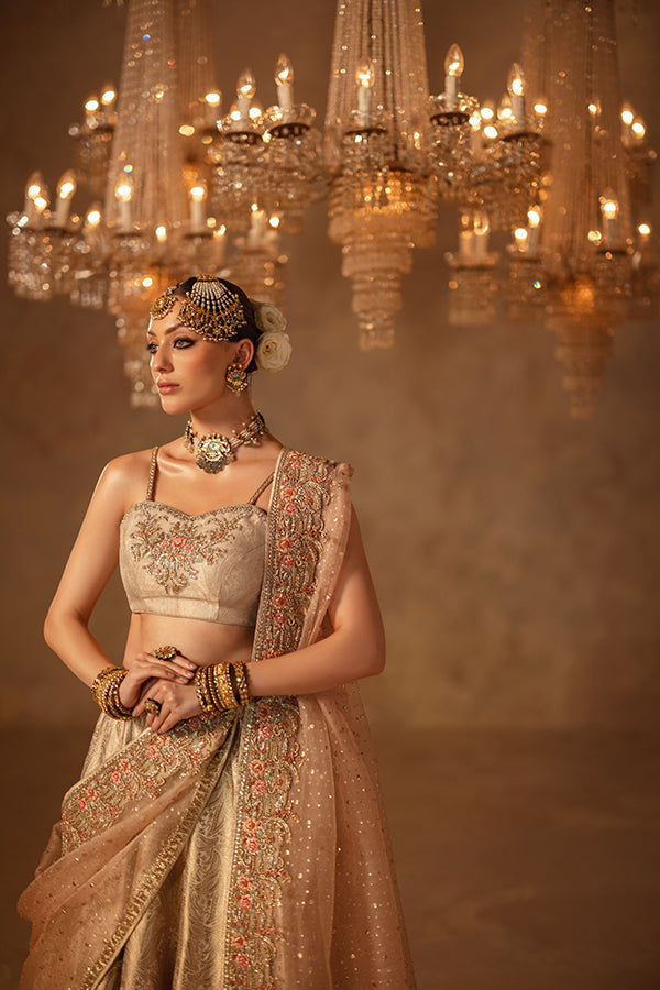 Pakistani Champagne Hand-Embellished Silk Blend Angrakha Lehenga (3-Piece) - Image 2