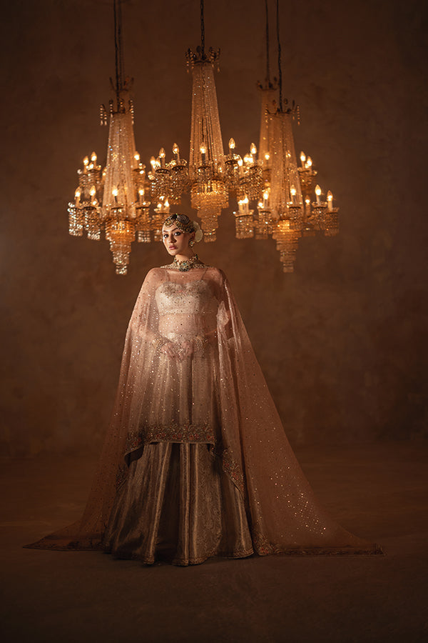 Pakistani Champagne Hand-Embellished Silk Blend Angrakha Lehenga (3-Piece) - Image 4
