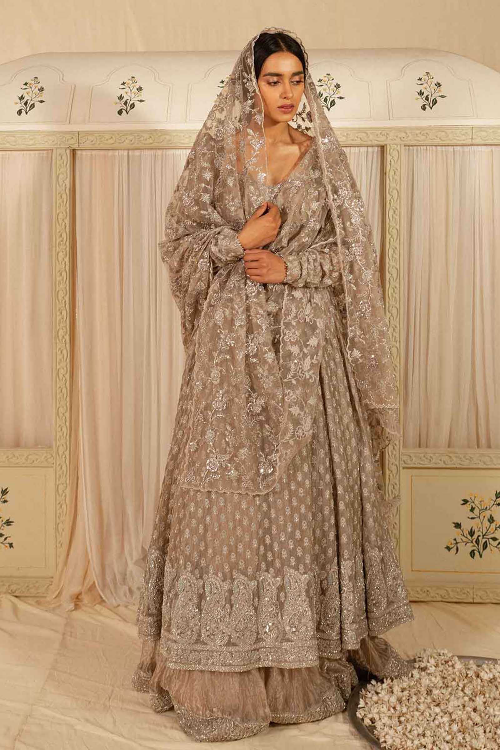 Pakistani Champagne Hand-Embellished Net & Silk-Blend Lehenga (3-Piece) - Image 1
