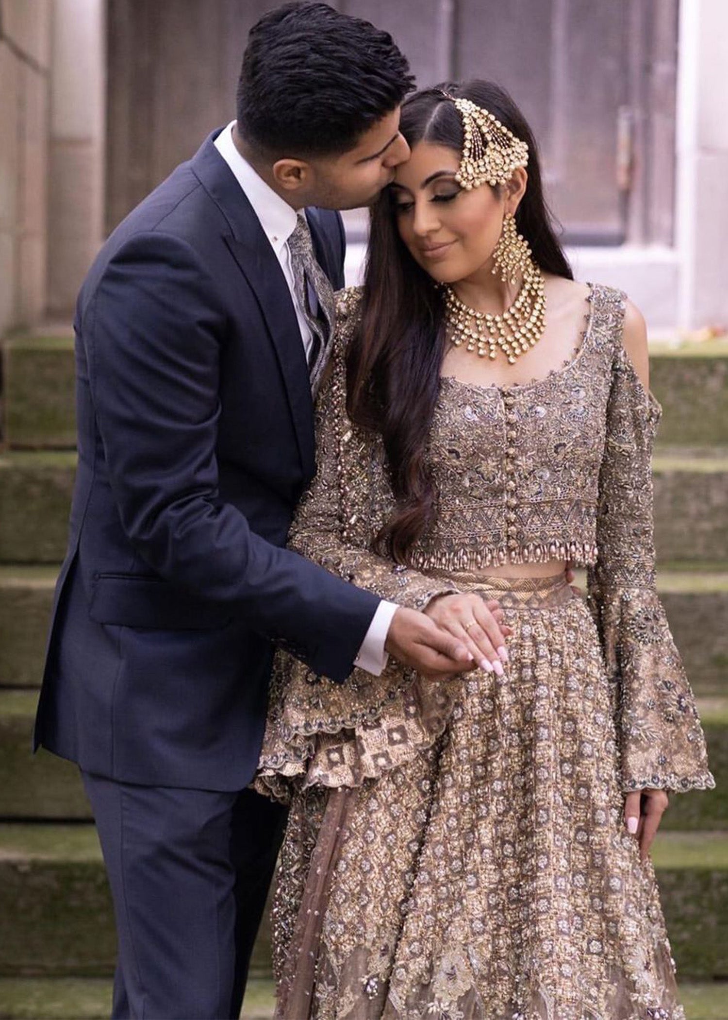 Pakistani Antique Gold Embellished Silk-Blend Bridal Lehenga (3-Piece) - Image 1