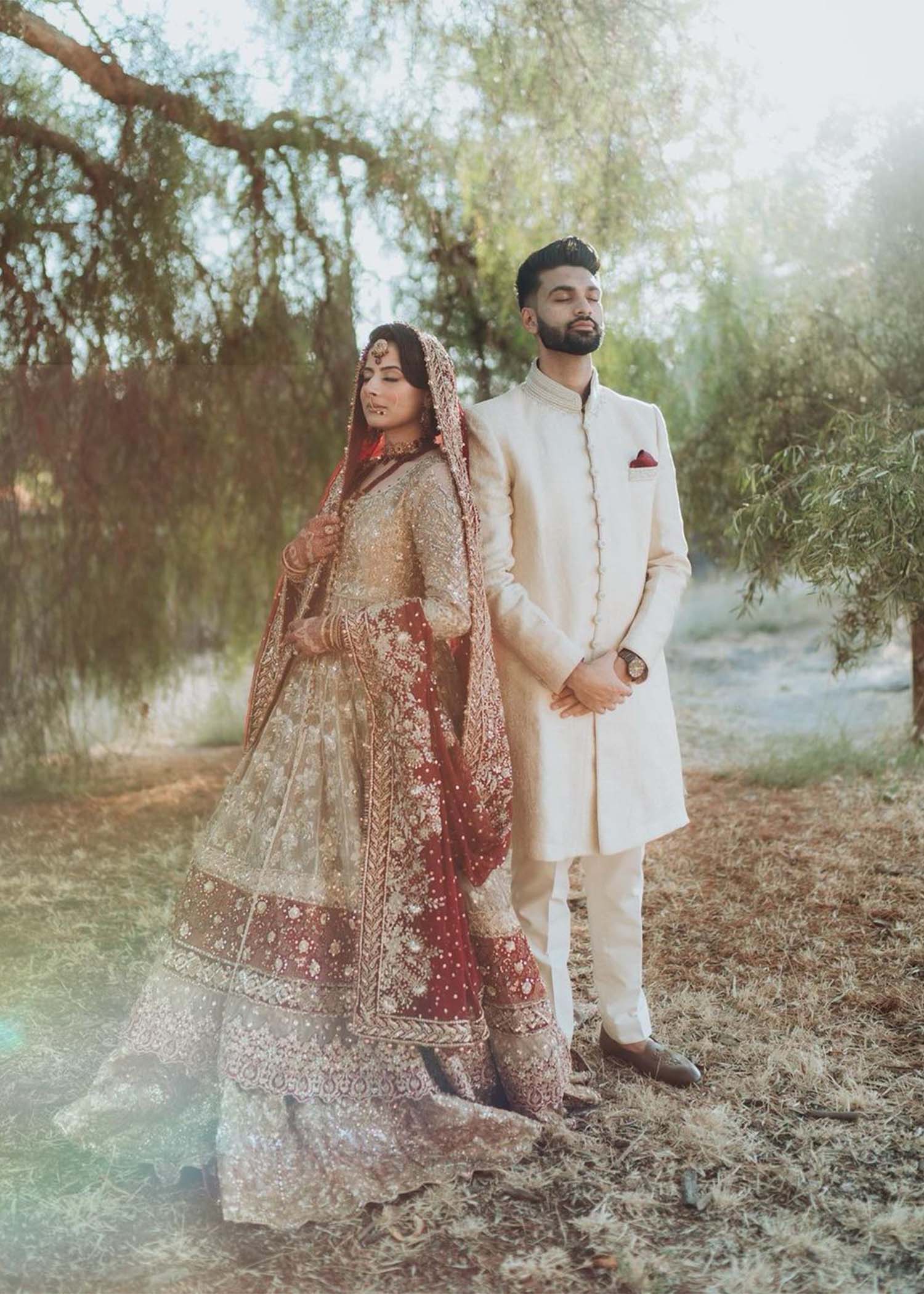 Pakistani Deep Red and Champagne Embroidered Silk-Blend Bridal Lehenga (3-Piece) - Image 1