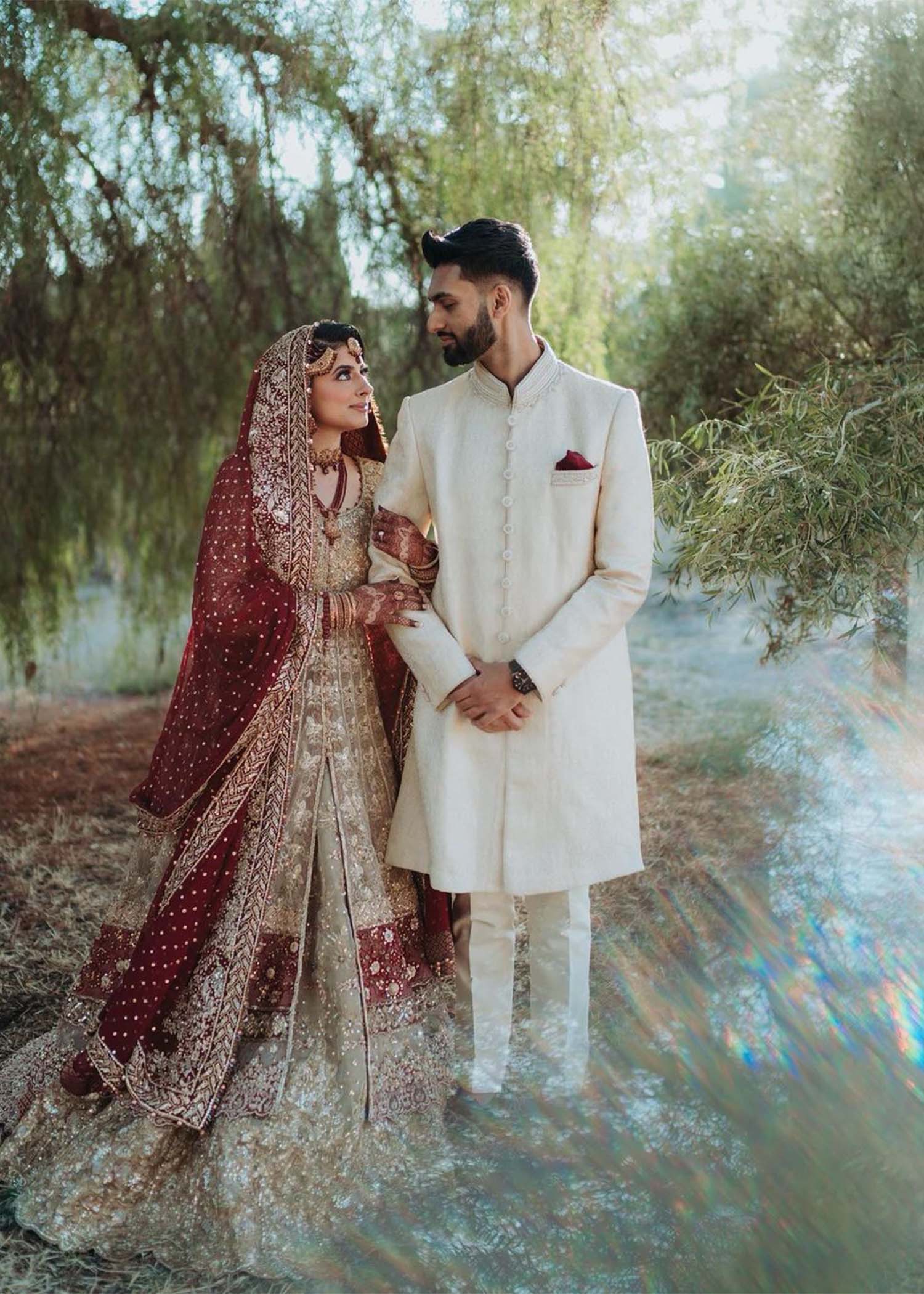 Pakistani Deep Red and Champagne Embroidered Silk-Blend Bridal Lehenga (3-Piece) - Image 2