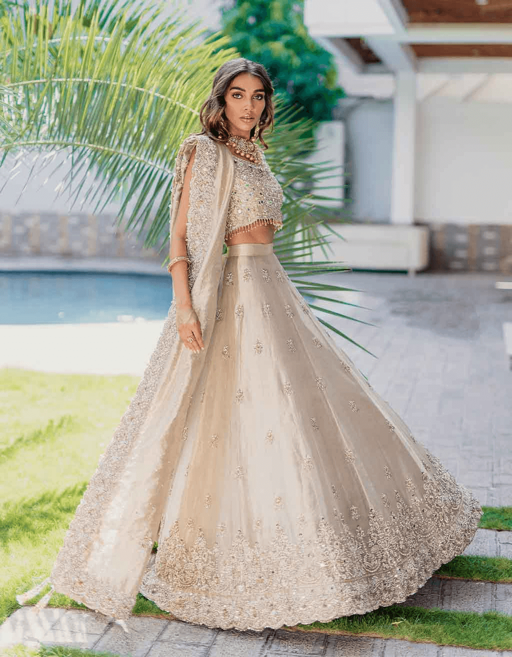 Pakistani Gold Mirror & Mukesh Silk-Blend Lehenga Choli (3-Piece) - Image 1