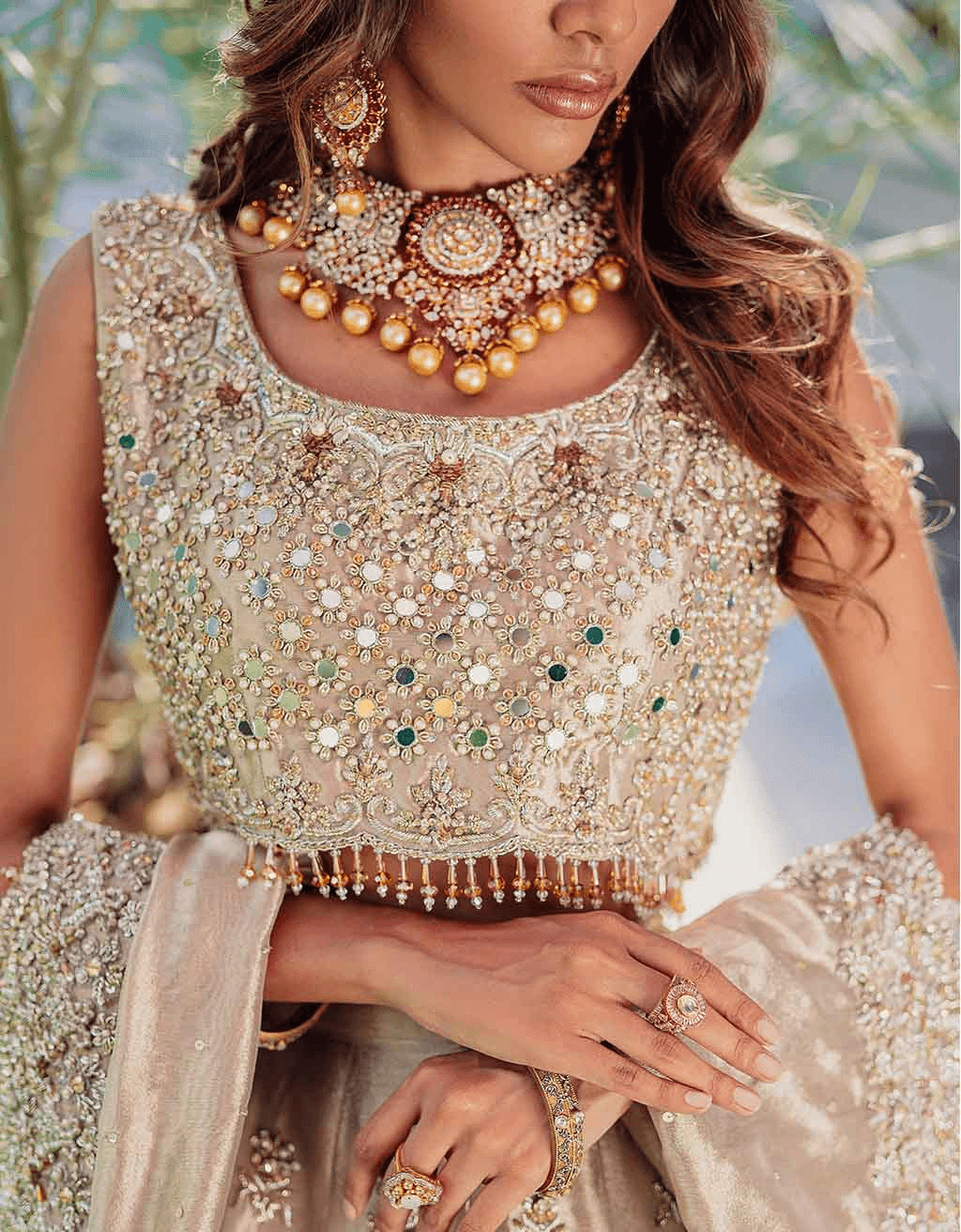 Pakistani Gold Mirror & Mukesh Silk-Blend Lehenga Choli (3-Piece) - Image 2