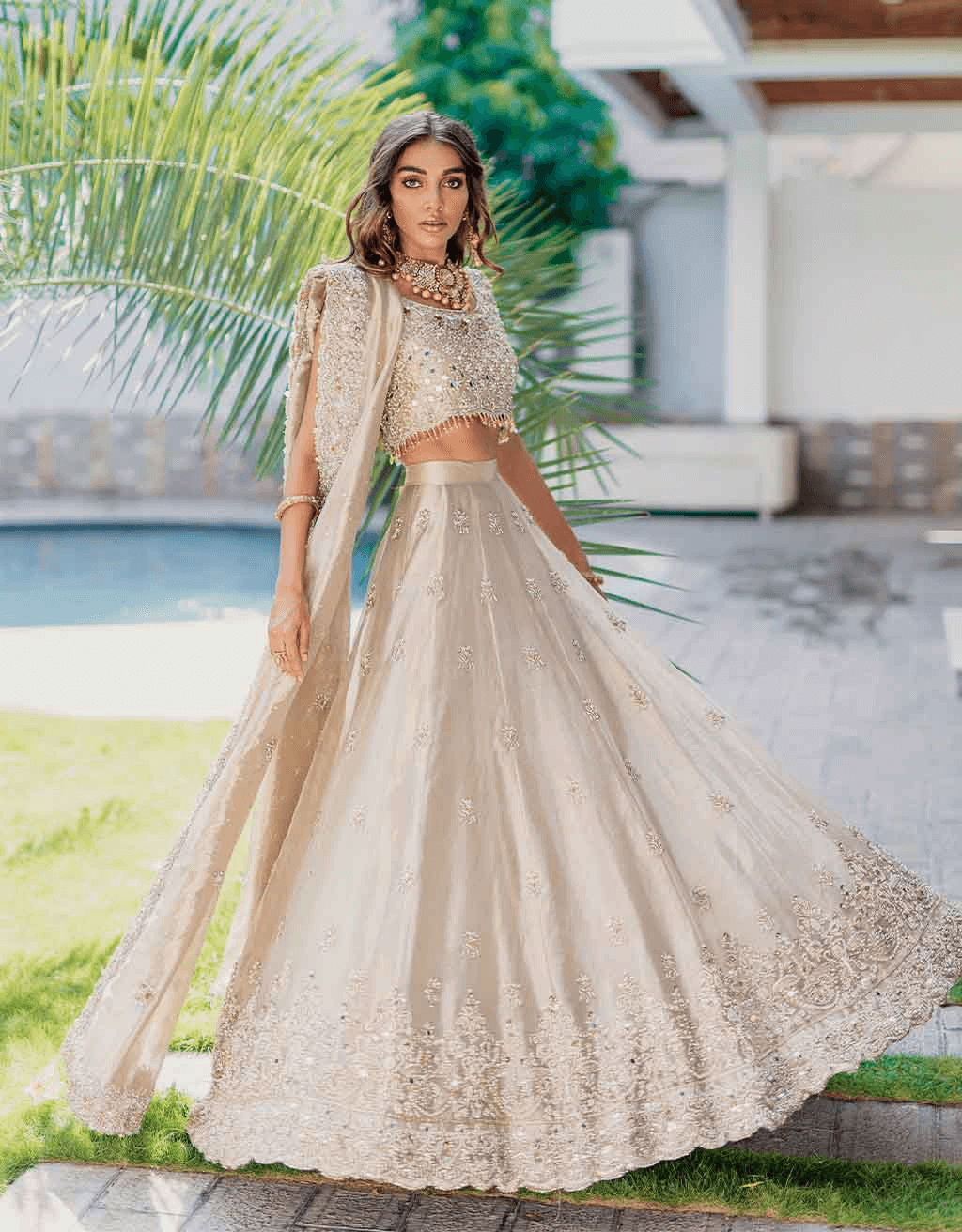 Pakistani Gold Mirror & Mukesh Silk-Blend Lehenga Choli (3-Piece) - Image 4