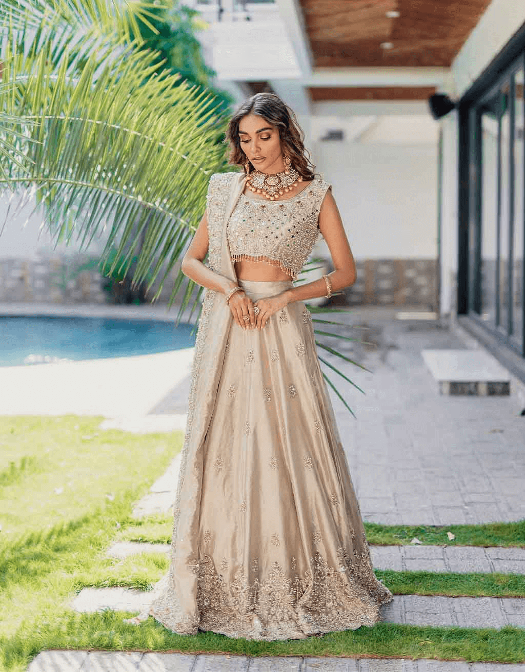 Pakistani Gold Mirror & Mukesh Silk-Blend Lehenga Choli (3-Piece) - Image 5