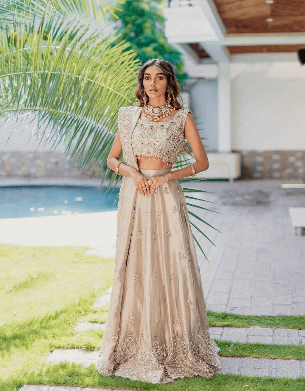 Pakistani Gold Mirror & Mukesh Silk-Blend Lehenga Choli (3-Piece) - Image 7