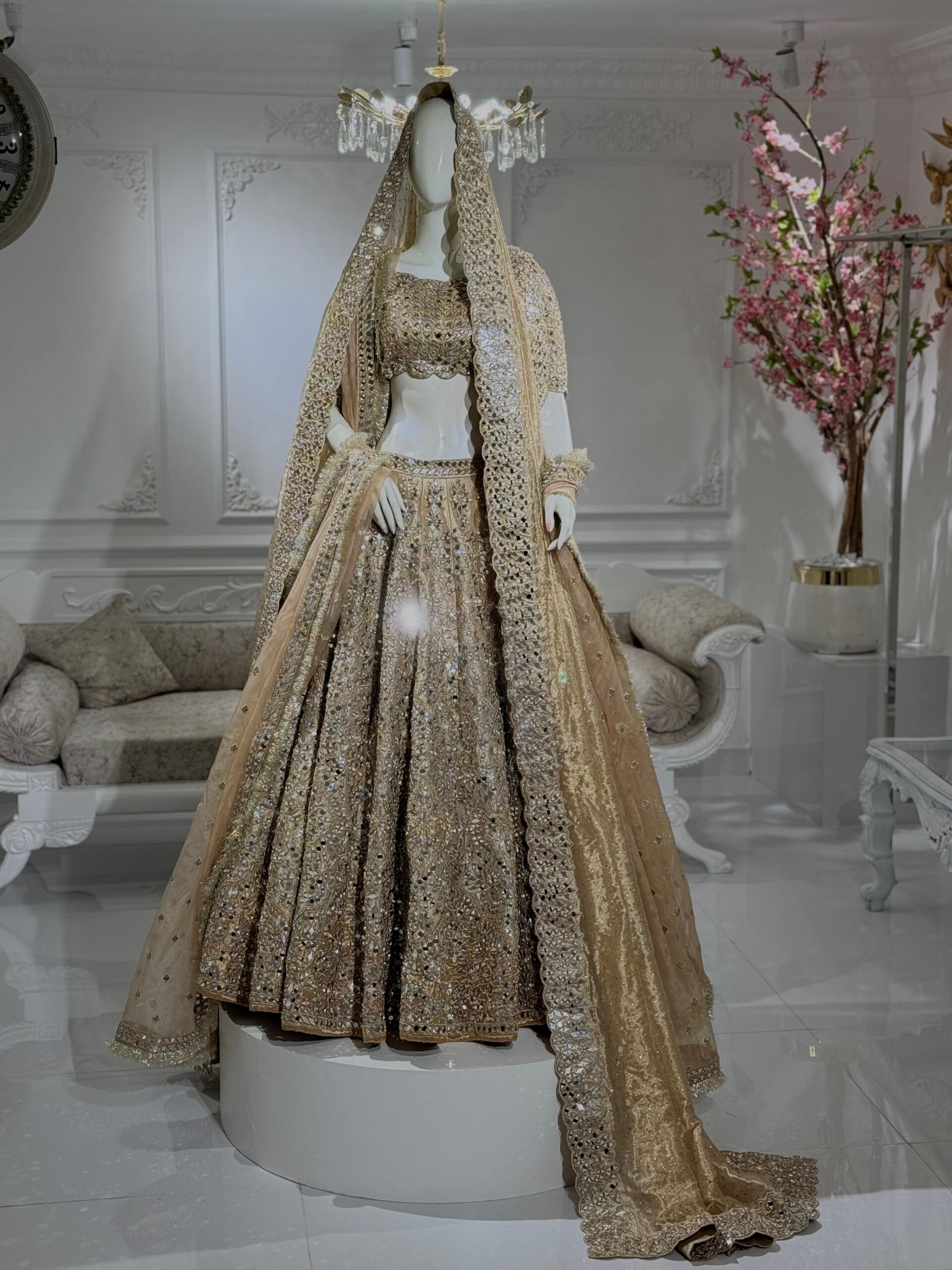 Champagne Mirror Work Silk-Blend Lehenga (3-Piece) - Image 1