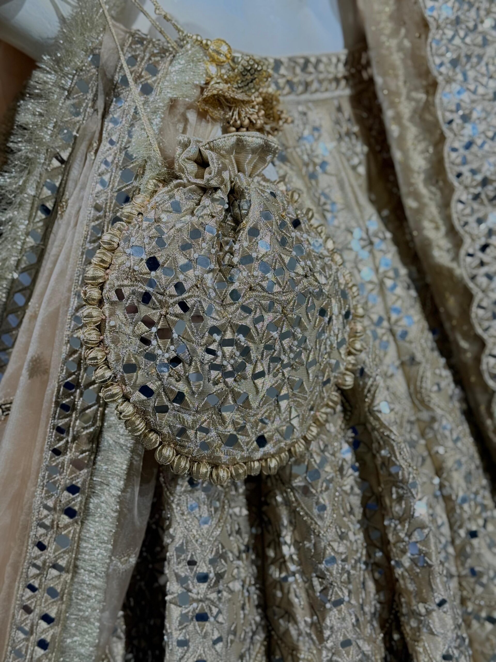 Champagne Mirror Work Silk-Blend Lehenga (3-Piece) - Image 2