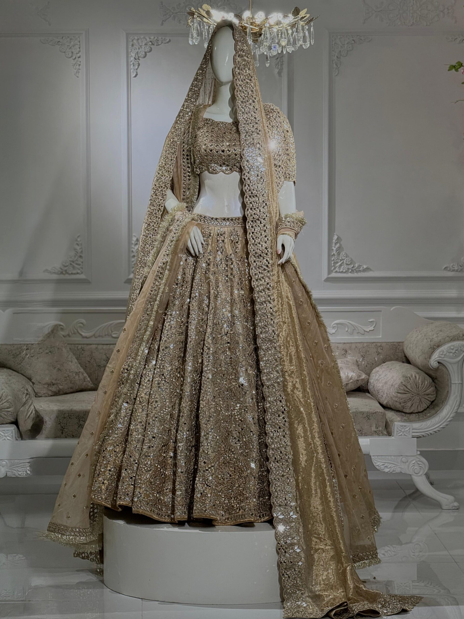 Champagne Mirror Work Silk-Blend Lehenga (3-Piece) - Image 3