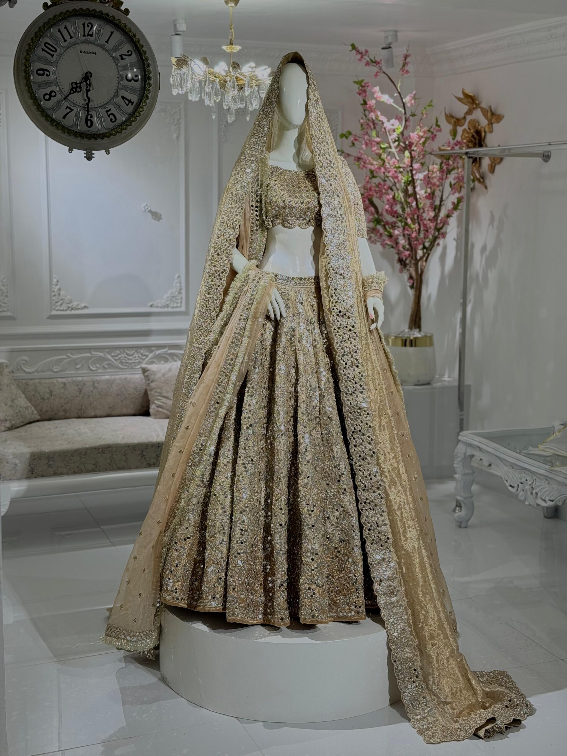 Champagne Mirror Work Silk-Blend Lehenga (3-Piece) - Image 4