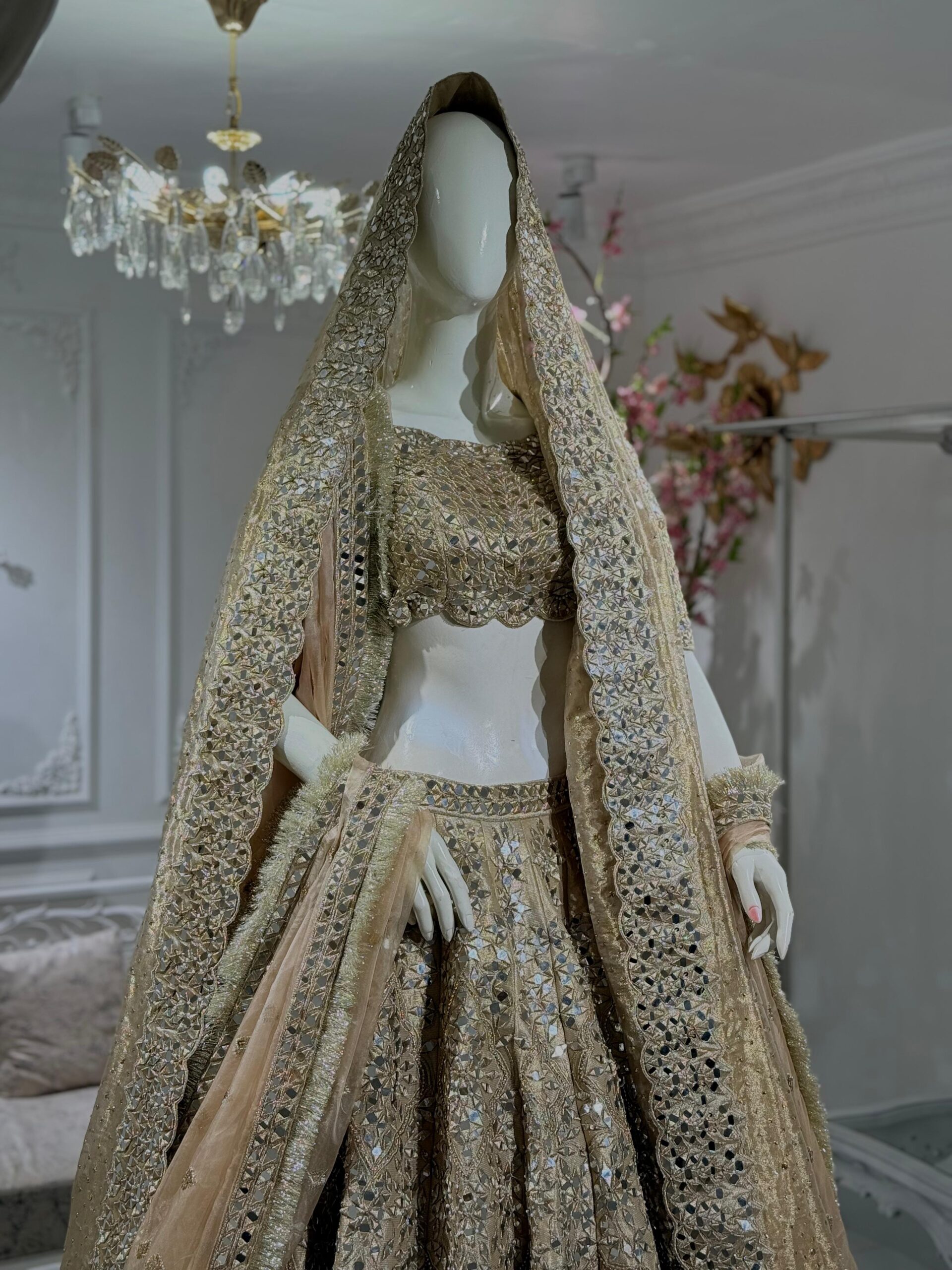 Champagne Mirror Work Silk-Blend Lehenga (3-Piece) - Image 5