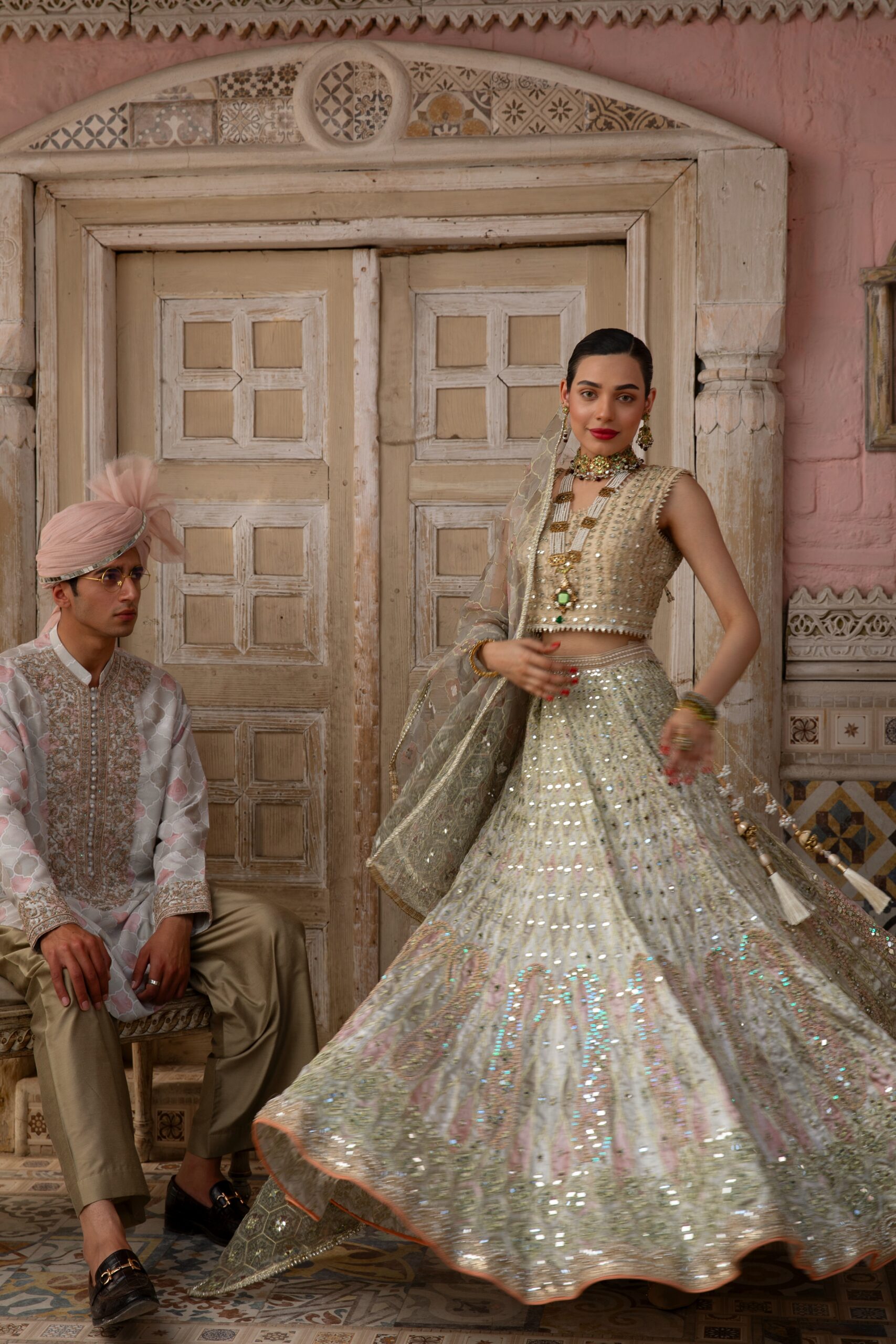 Rose Gold Pastel Mirror Work Silk-Blend Bridal Lehenga (3-Piece) - Image 1