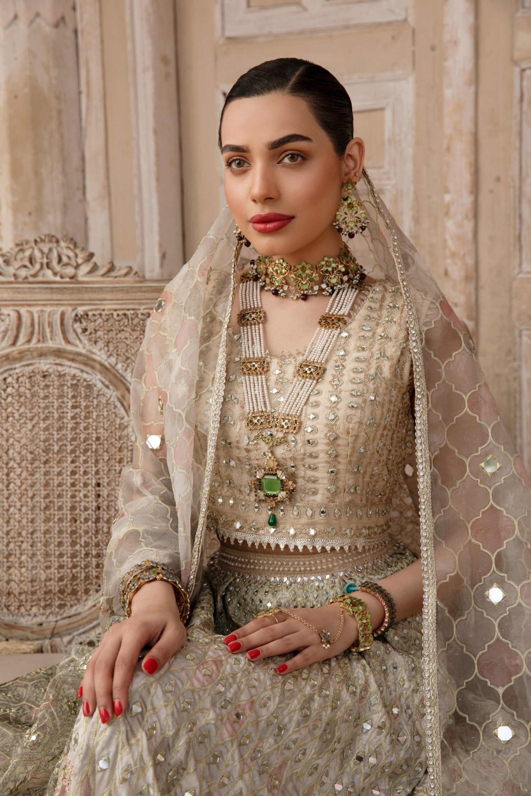 Rose Gold Pastel Mirror Work Silk-Blend Bridal Lehenga (3-Piece) - Image 2