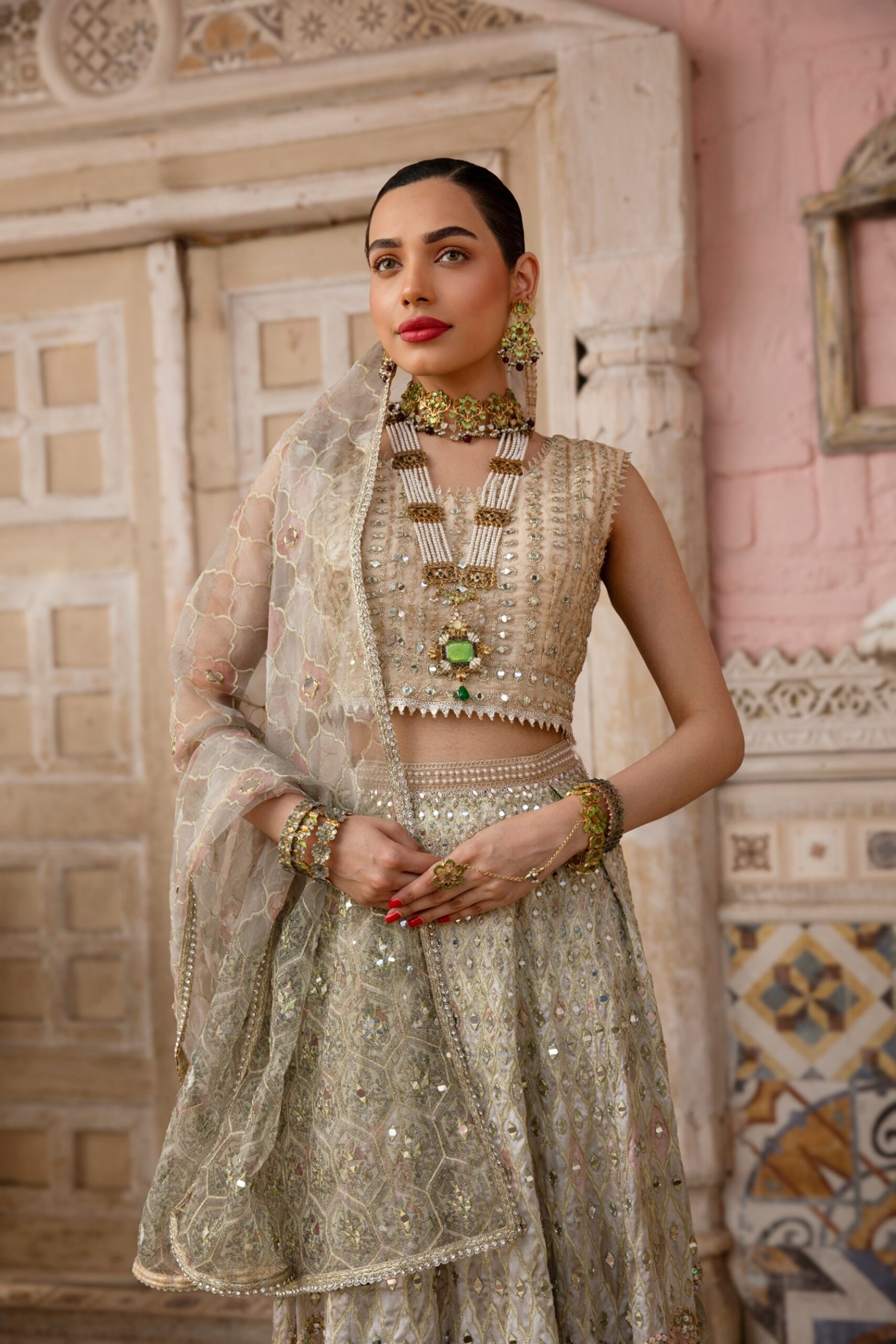 Rose Gold Pastel Mirror Work Silk-Blend Bridal Lehenga (3-Piece) - Image 3