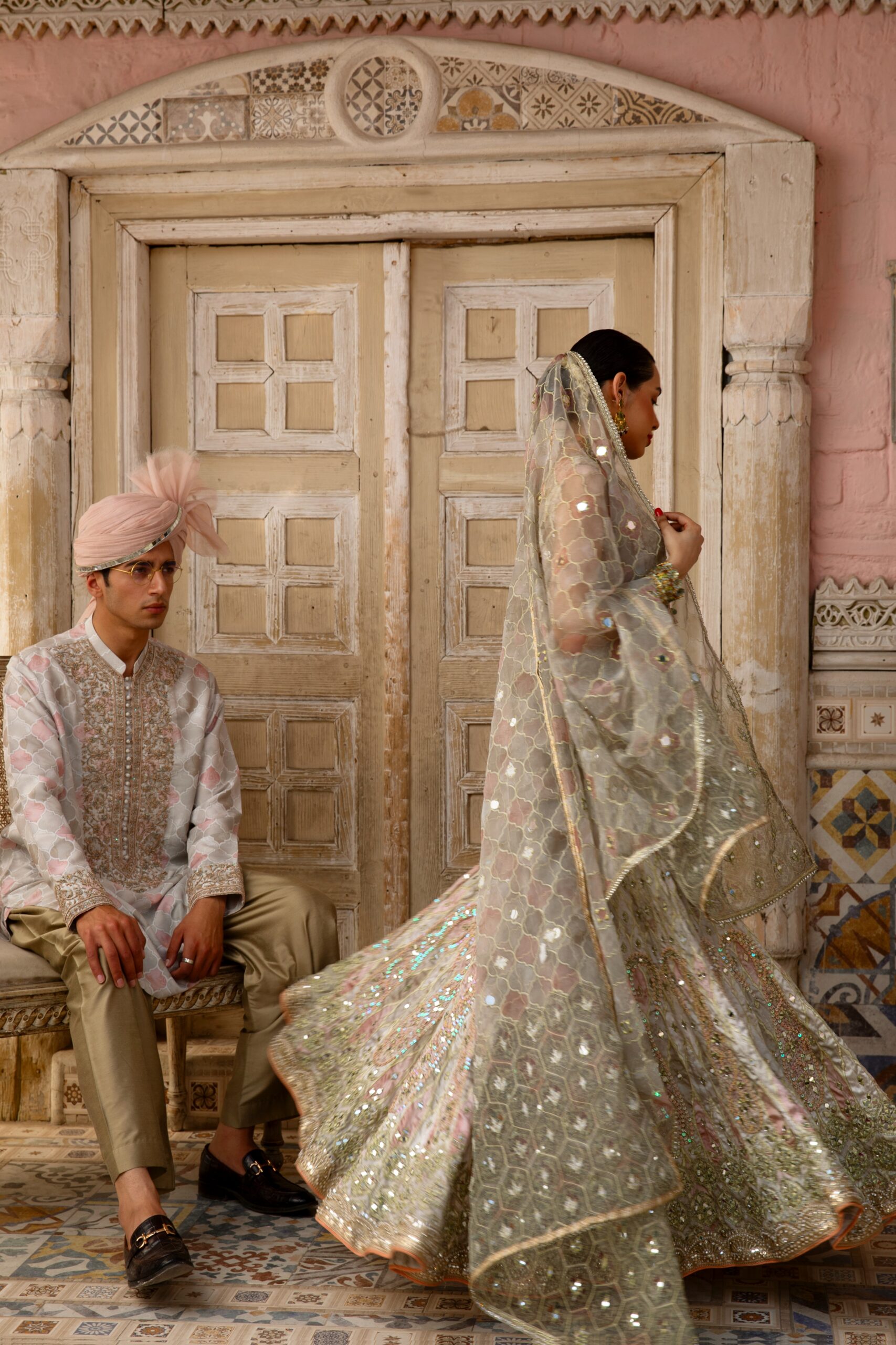 Rose Gold Pastel Mirror Work Silk-Blend Bridal Lehenga (3-Piece) - Image 4