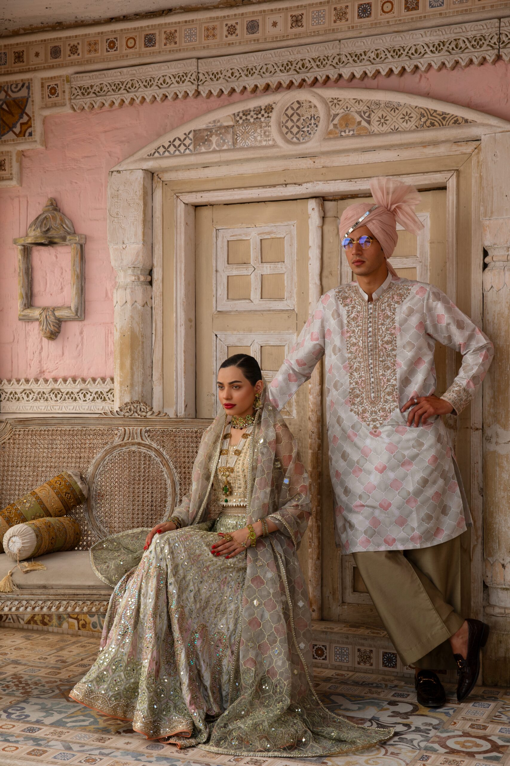 Rose Gold Pastel Mirror Work Silk-Blend Bridal Lehenga (3-Piece) - Image 6