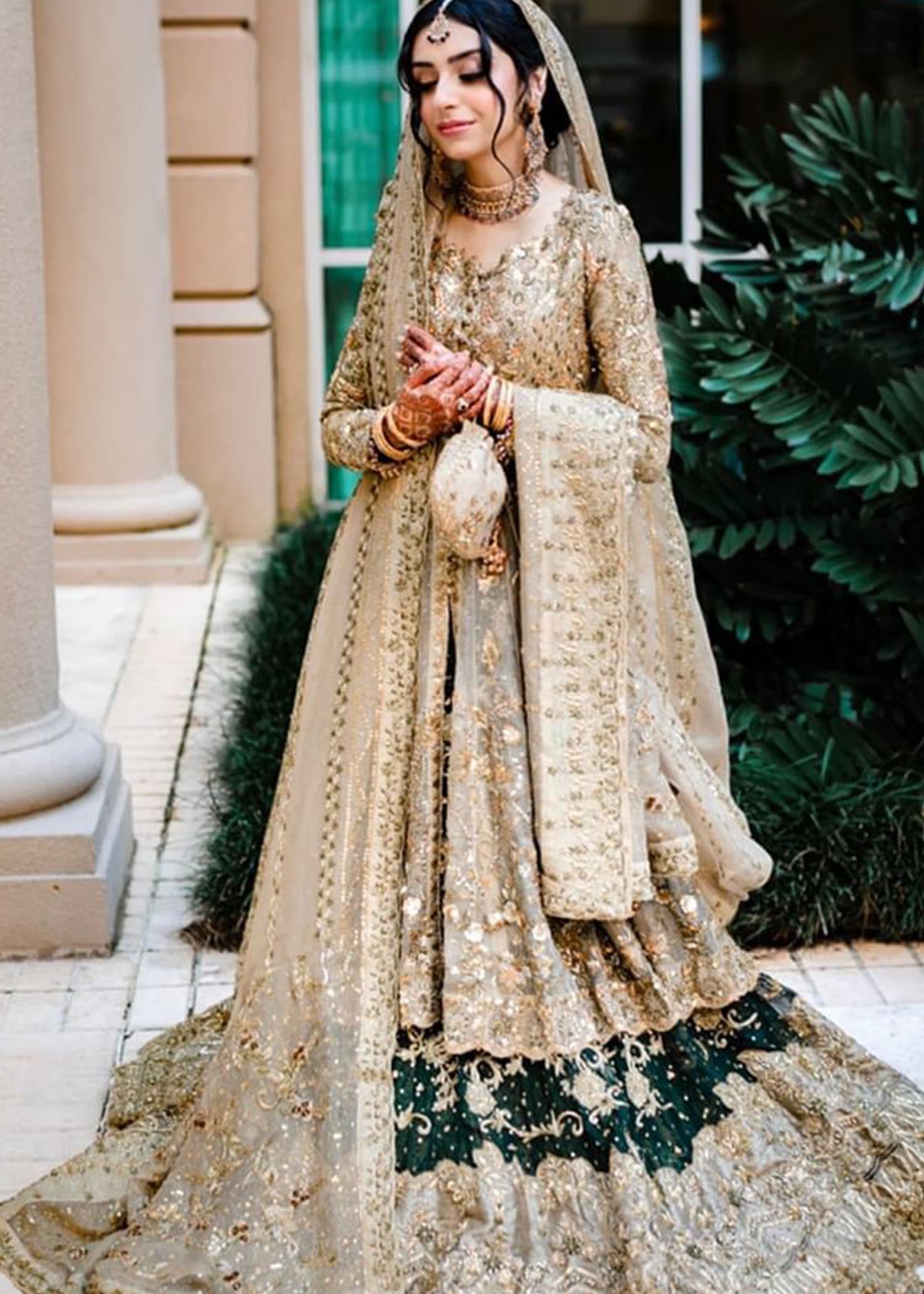 Gold and Emerald Embellished Bridal Lehenga (3-Piece) - Image 3
