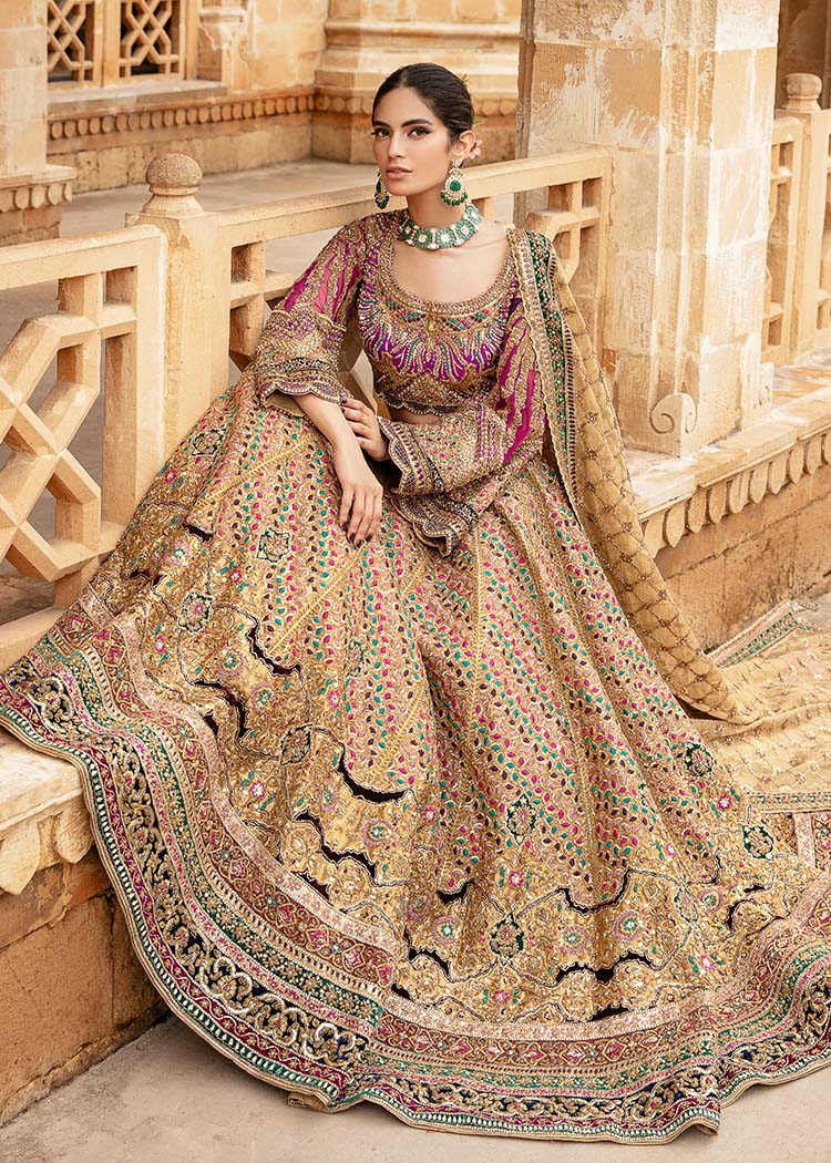 Gold Magenta Embellished Silk Bridal Lehenga (3-Piece) - Image 3