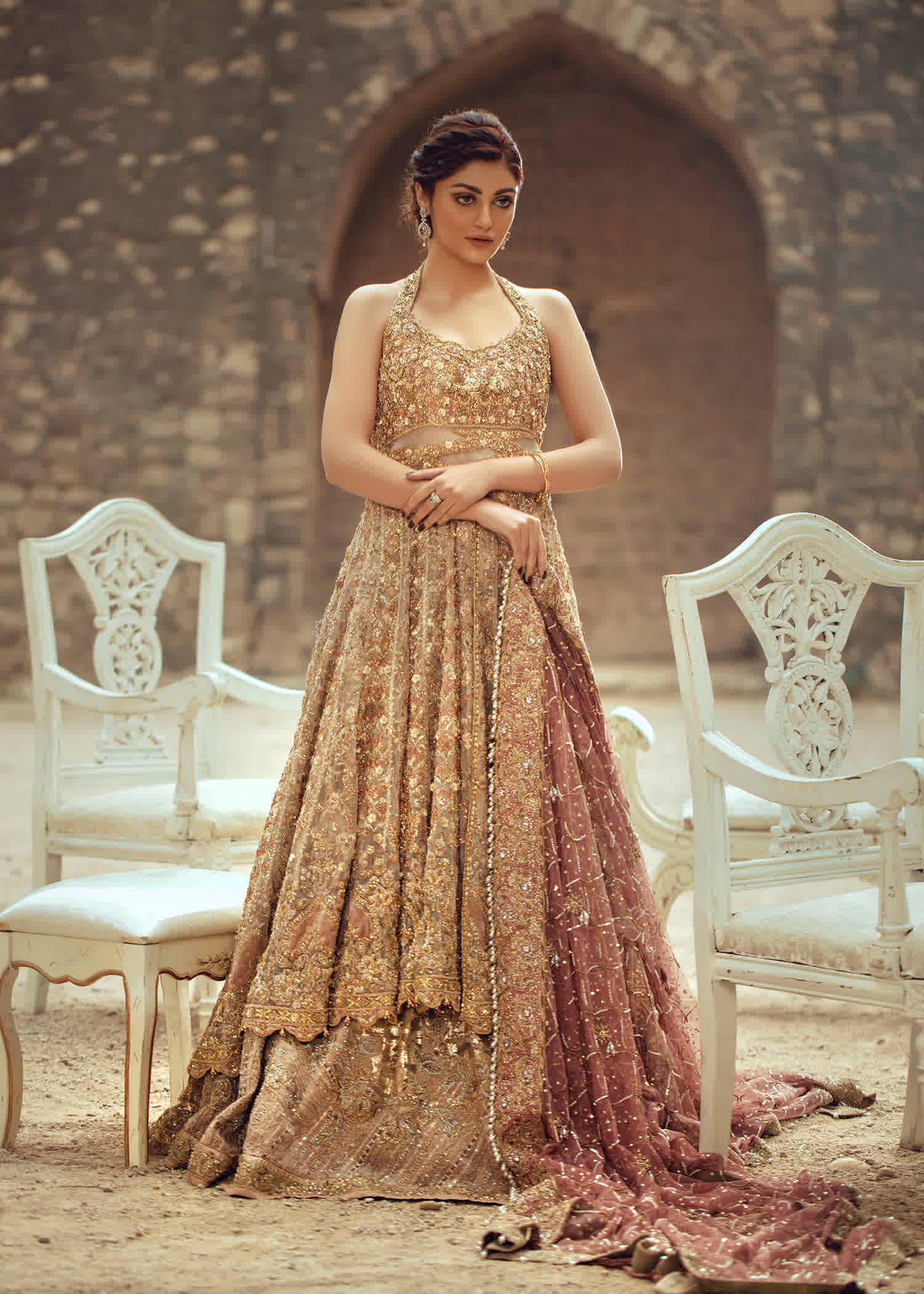 Pakistani Gold Embellished Silk Blend Bridal Lehenga (3-Piece) - Image 1