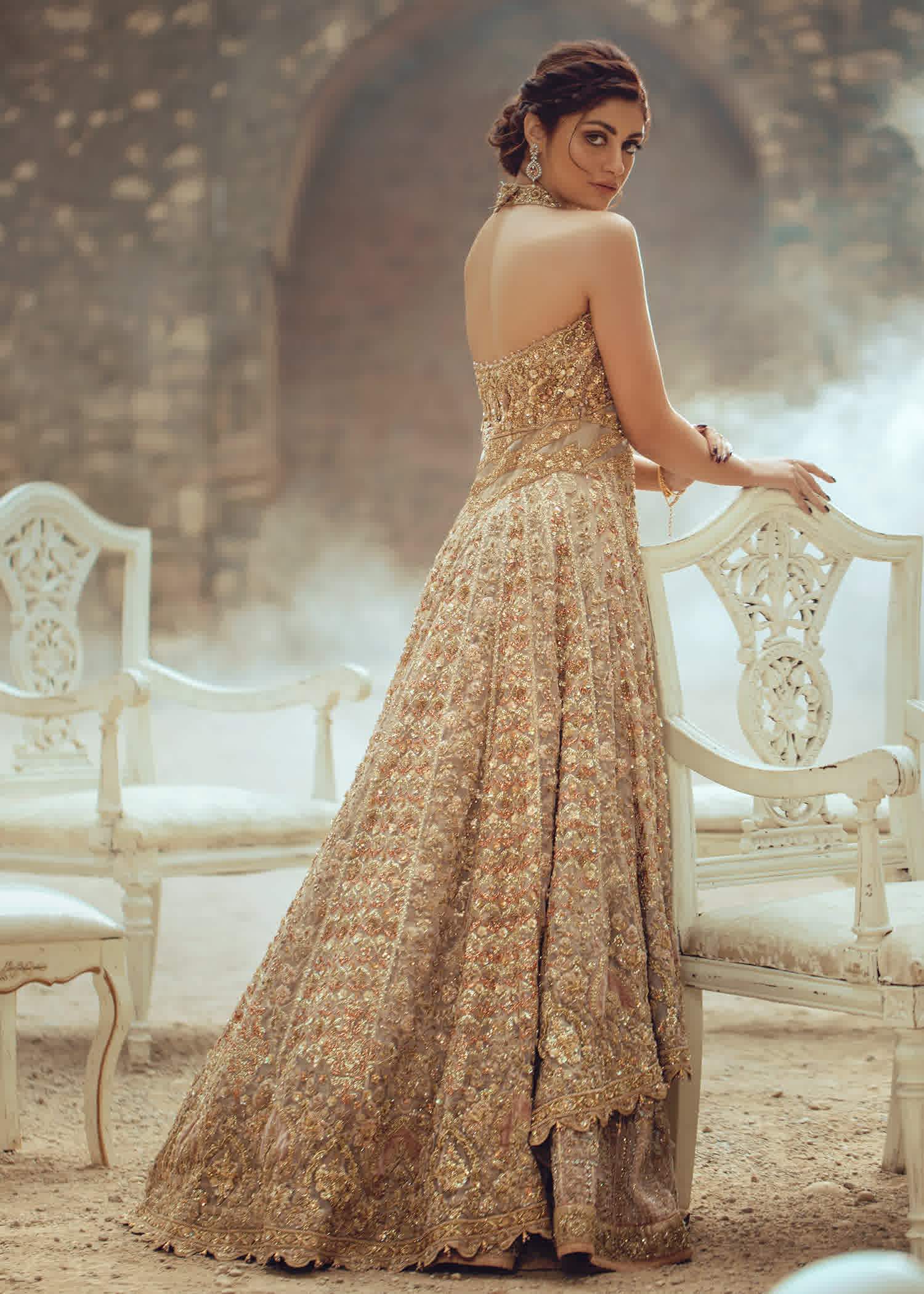 Pakistani Gold Embellished Silk Blend Bridal Lehenga (3-Piece) - Image 2
