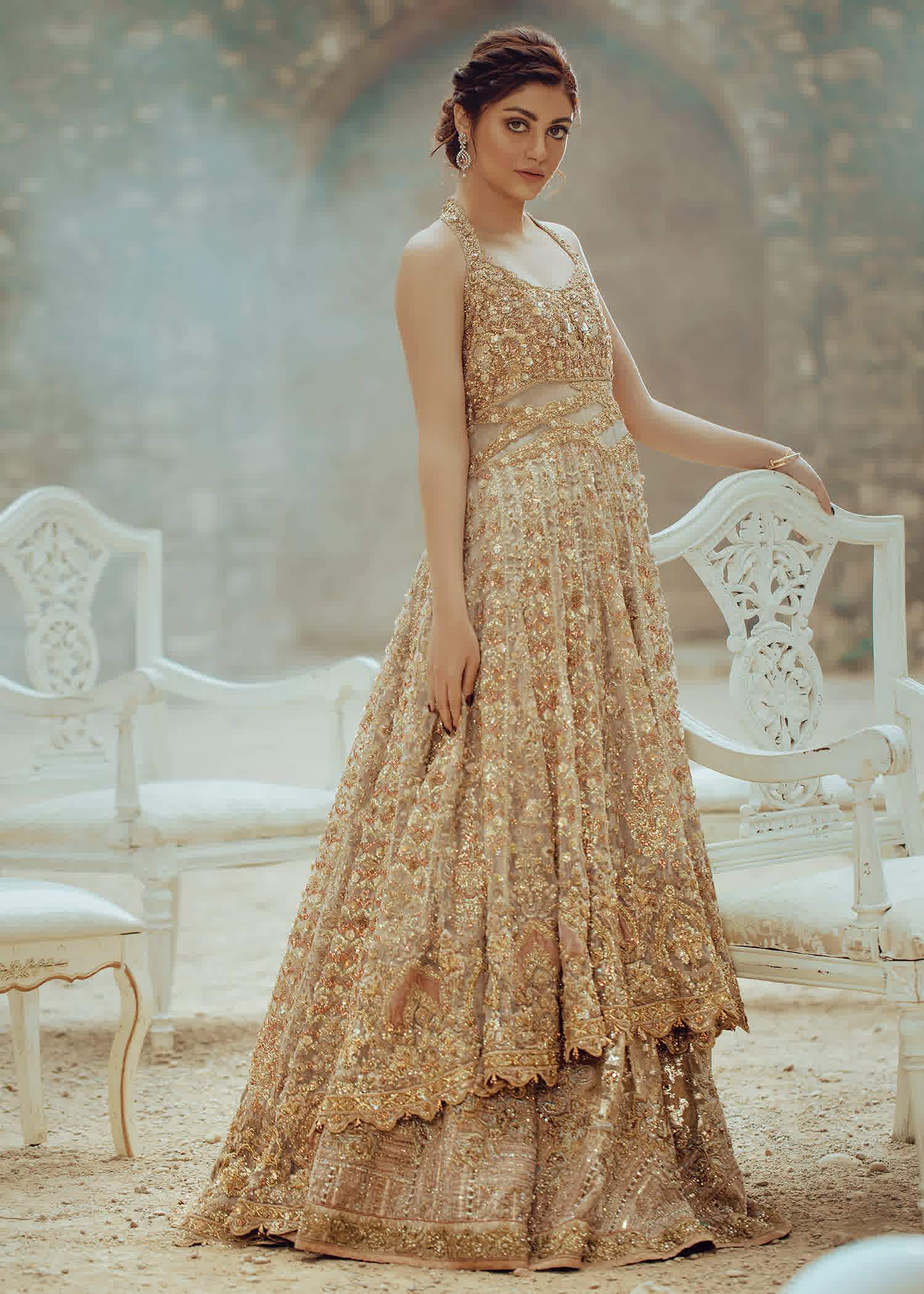 Pakistani Gold Embellished Silk Blend Bridal Lehenga (3-Piece) - Image 3