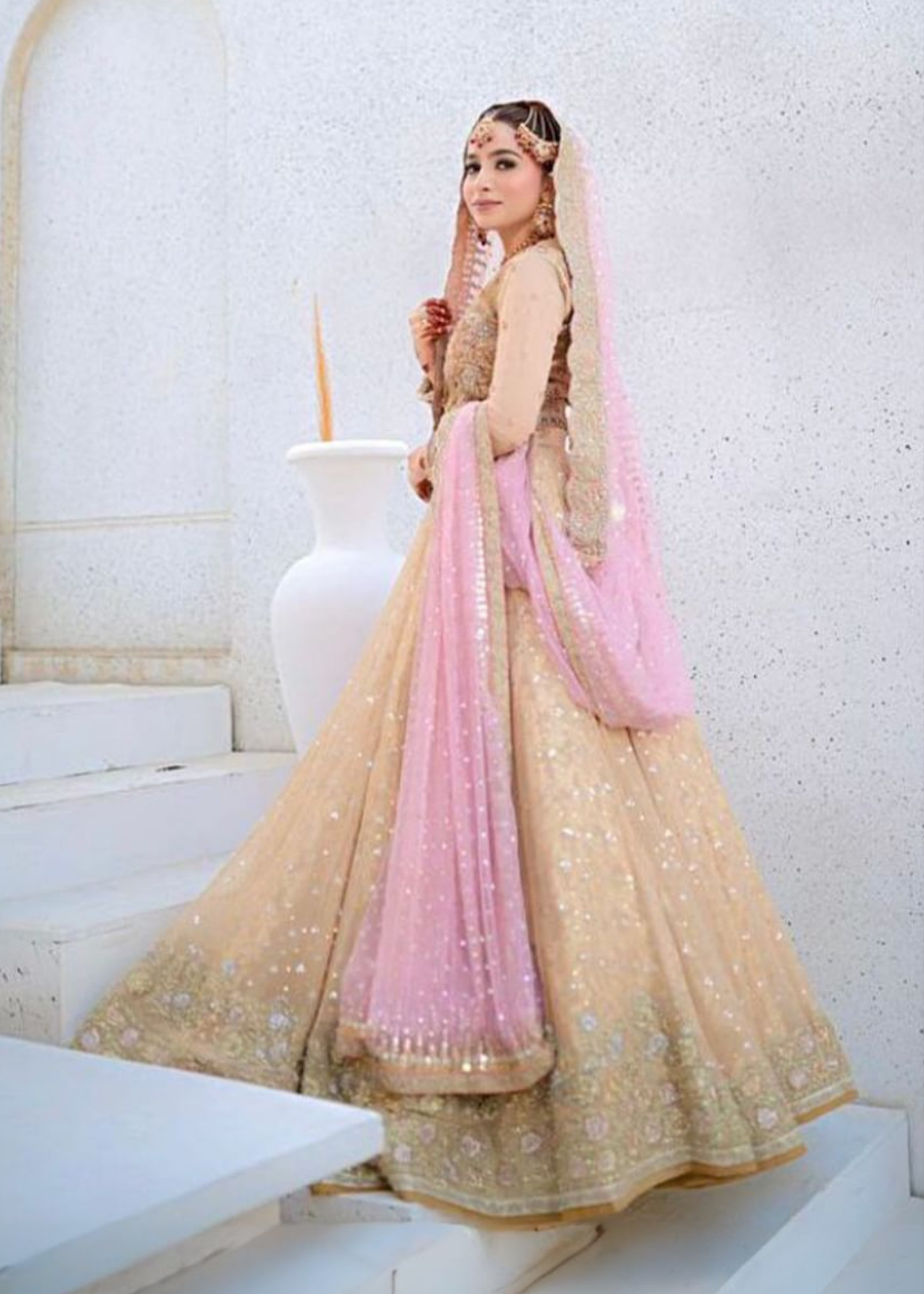 Blush Pink Gold Embellished Silk-Blend Bridal Lehenga (3-Piece) - Image 2
