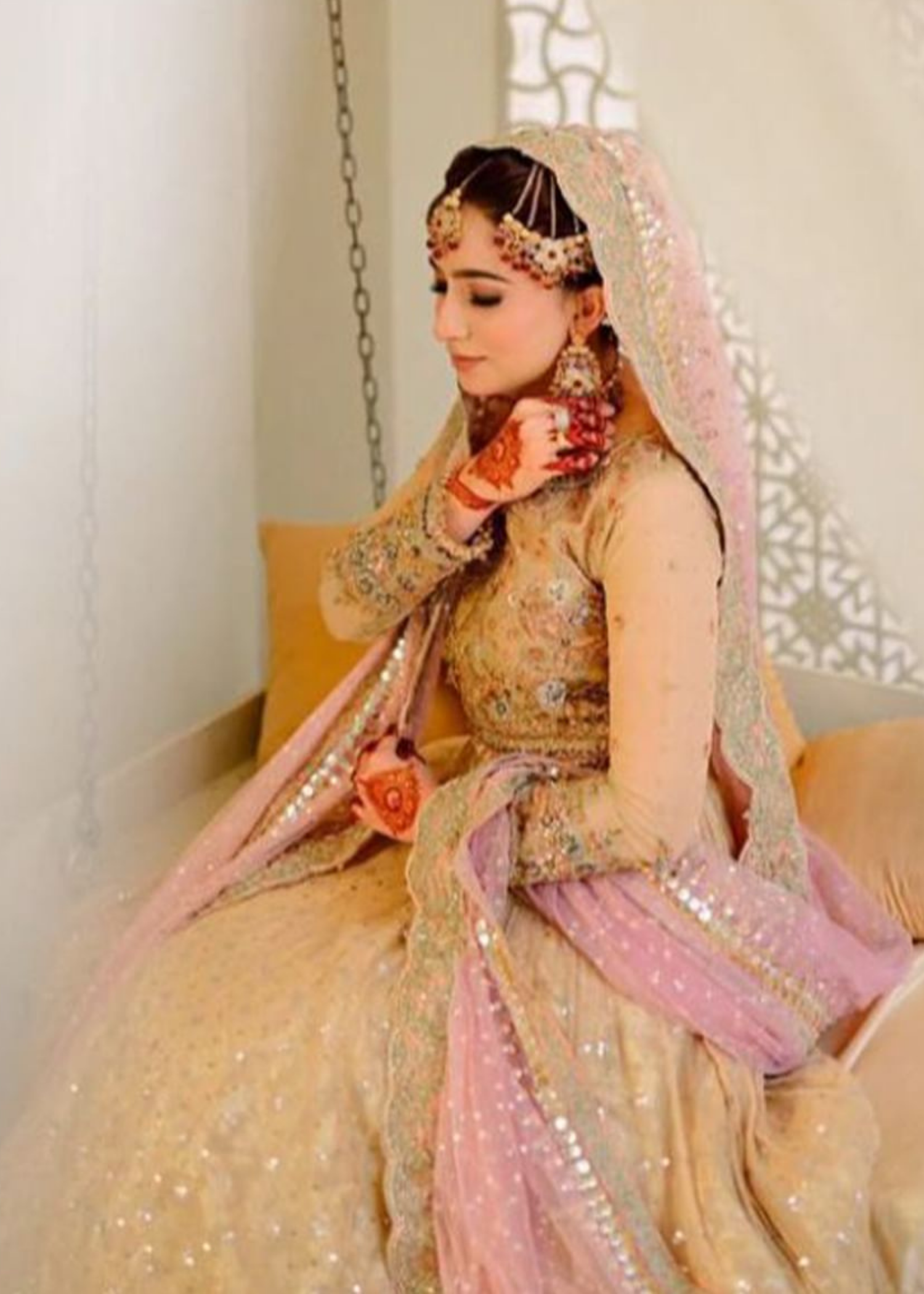Blush Pink Gold Embellished Silk-Blend Bridal Lehenga (3-Piece) - Image 3