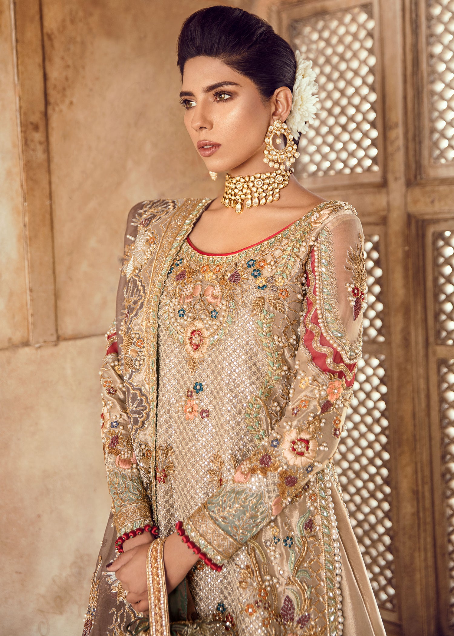 Champagne Gold Embellished Silk-Blend Bridal Lehenga (3-Piece) - Image 3