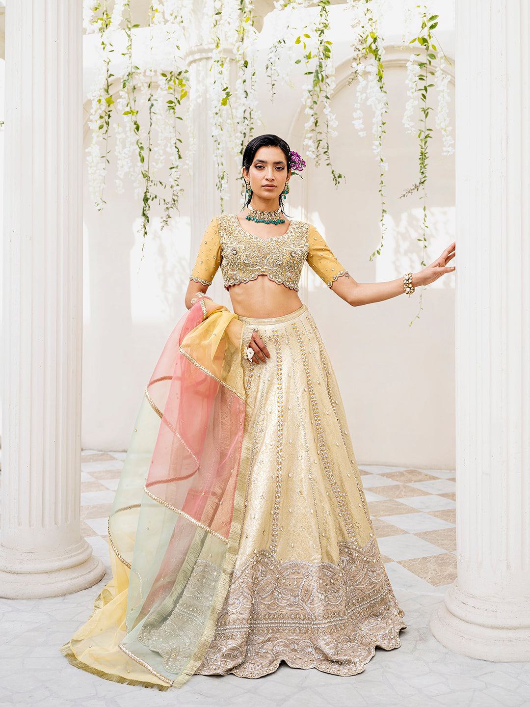 Pakistani Gold Hand-Embroidered Silk Blend Lehenga Choli (3-Piece) - Image 3