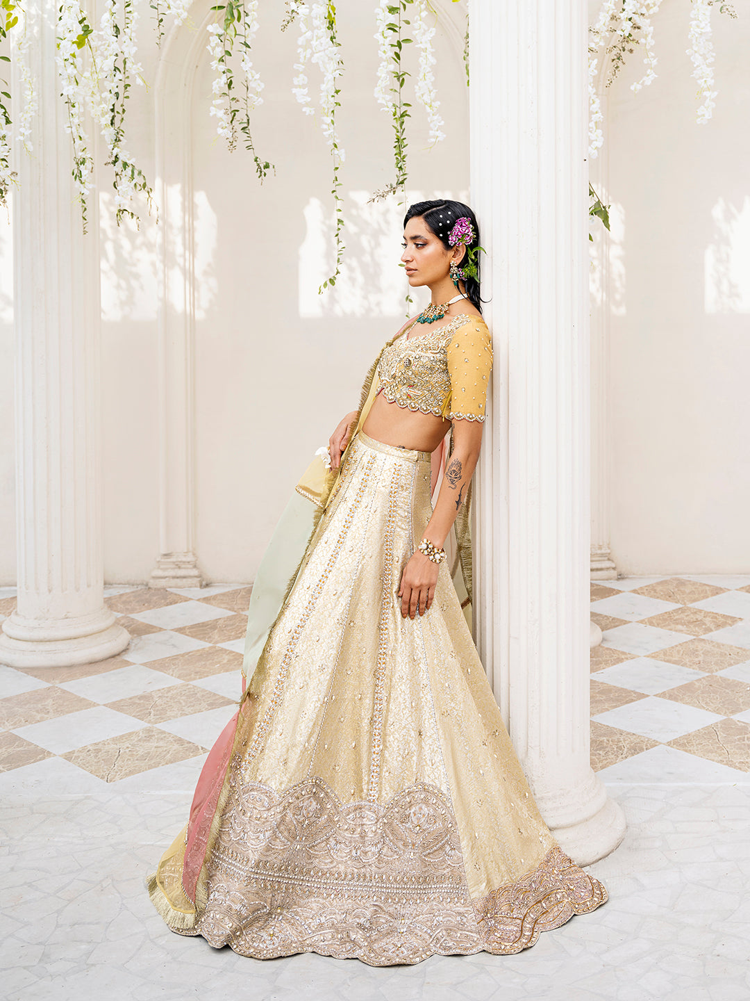 Pakistani Gold Hand-Embroidered Silk Blend Lehenga Choli (3-Piece) - Image 4