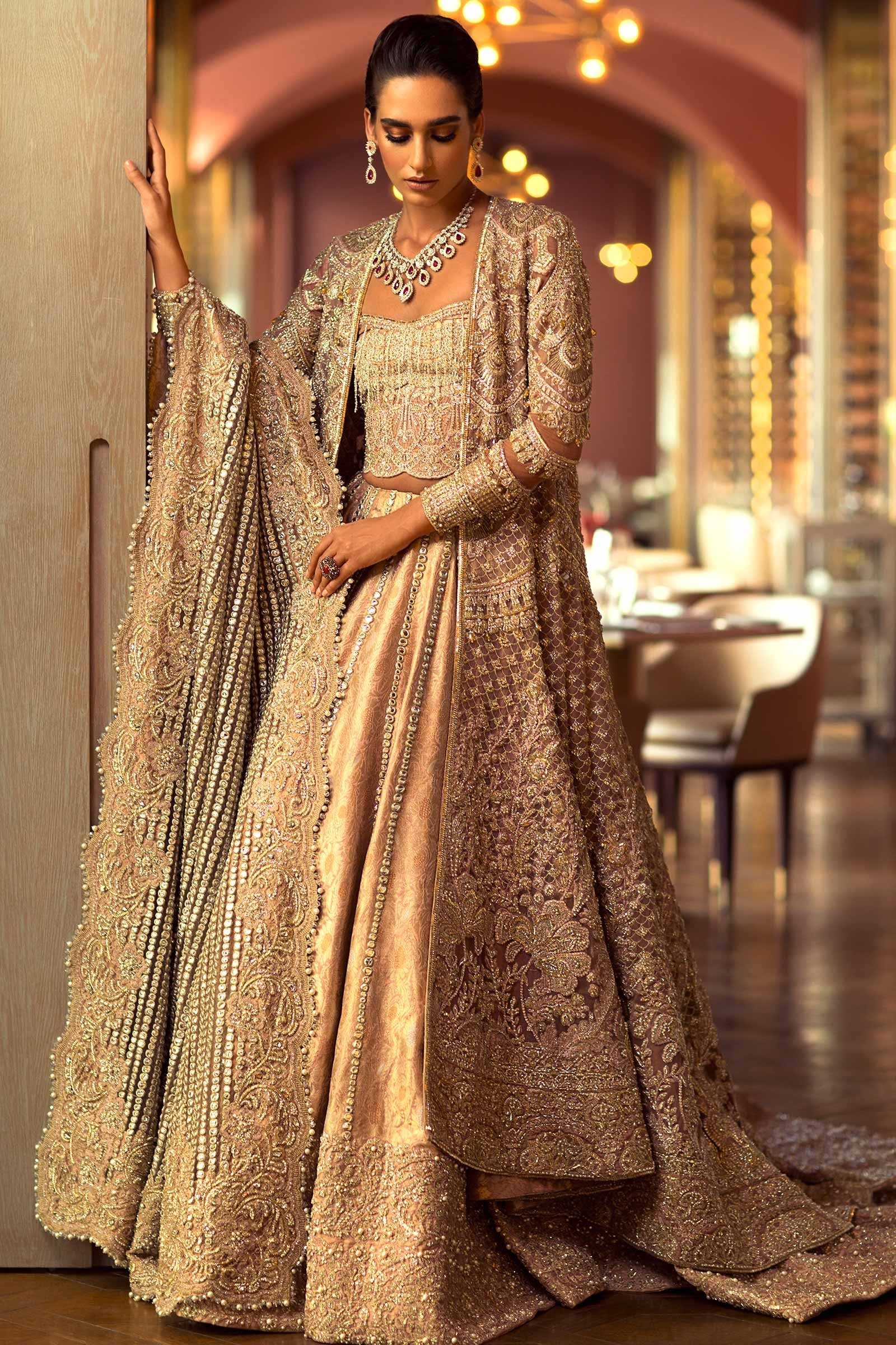 Pakistani Gold Zardozi Silk Blend Lehenga Dress (3-Piece) - Image 1