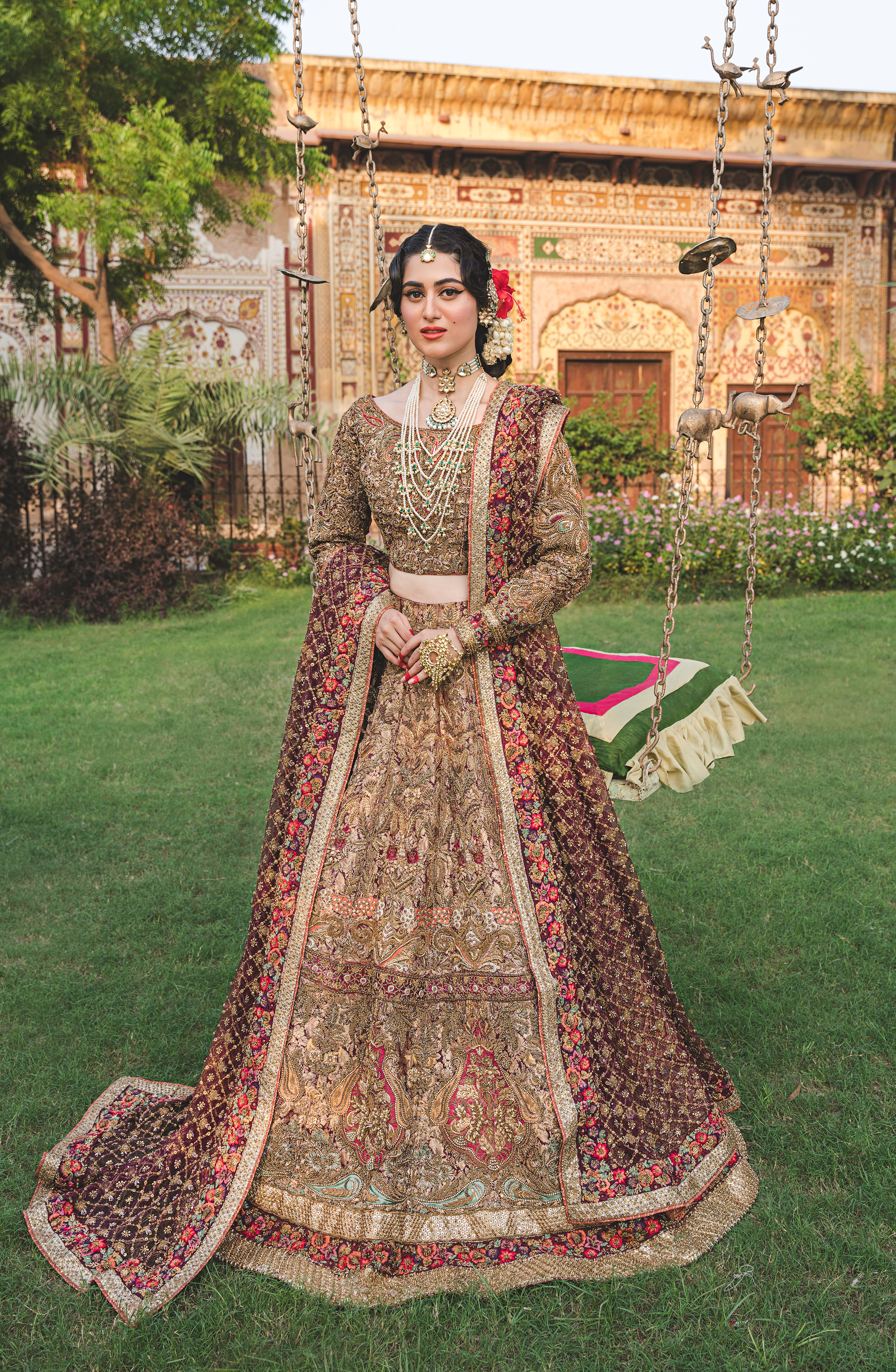 Golden Burgundy Embroidered Silk-Blend Lehenga Choli (3-Piece) - Image 7