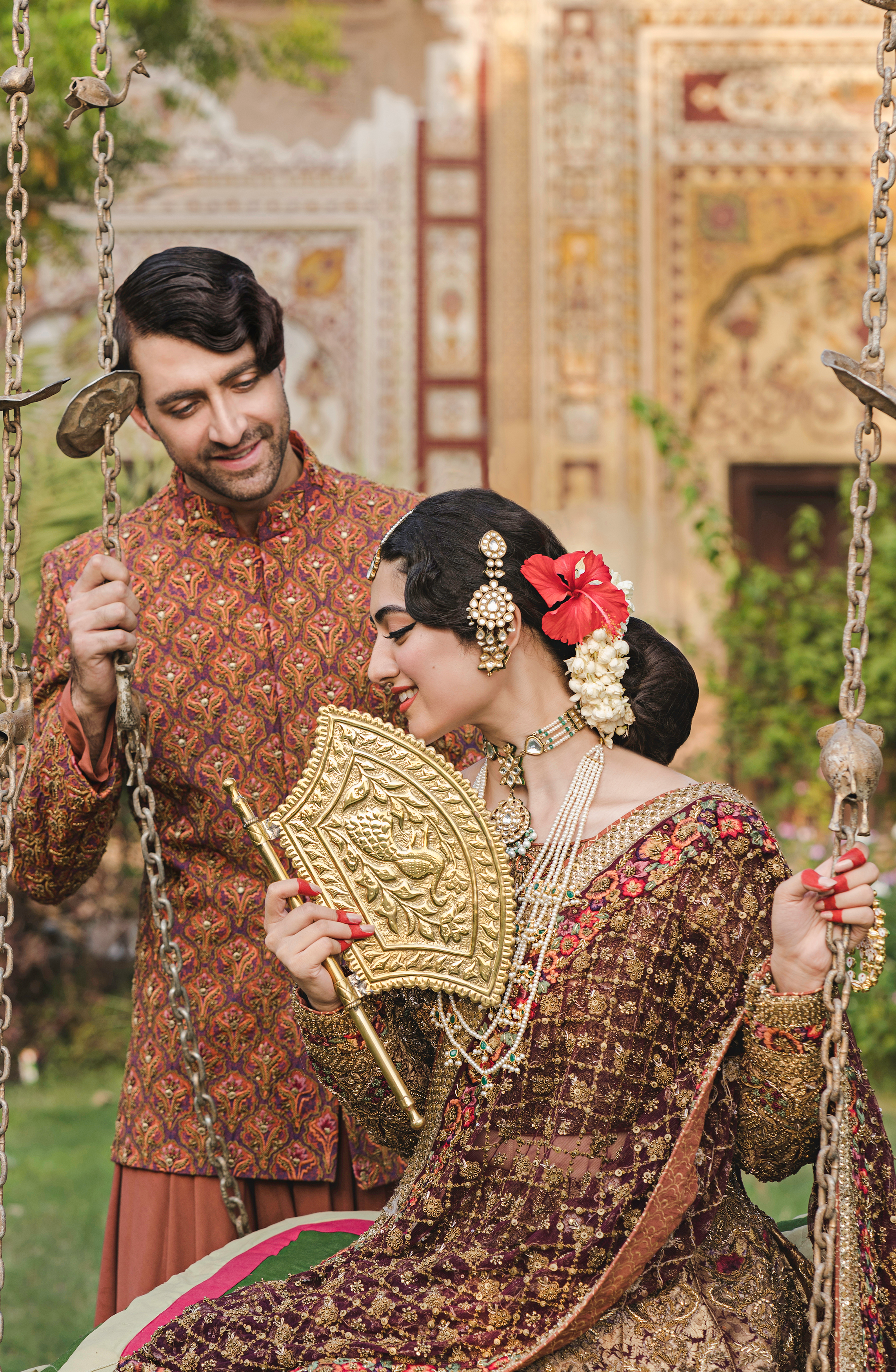 Golden Burgundy Embroidered Silk-Blend Lehenga Choli (3-Piece) - Image 8