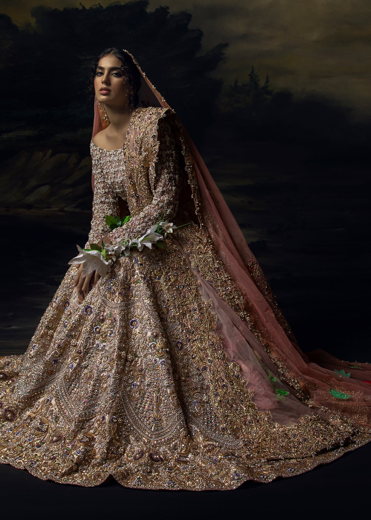 Rose Gold Embellished Silk-Blend Bridal Lehenga (3-Piece) - Image 2