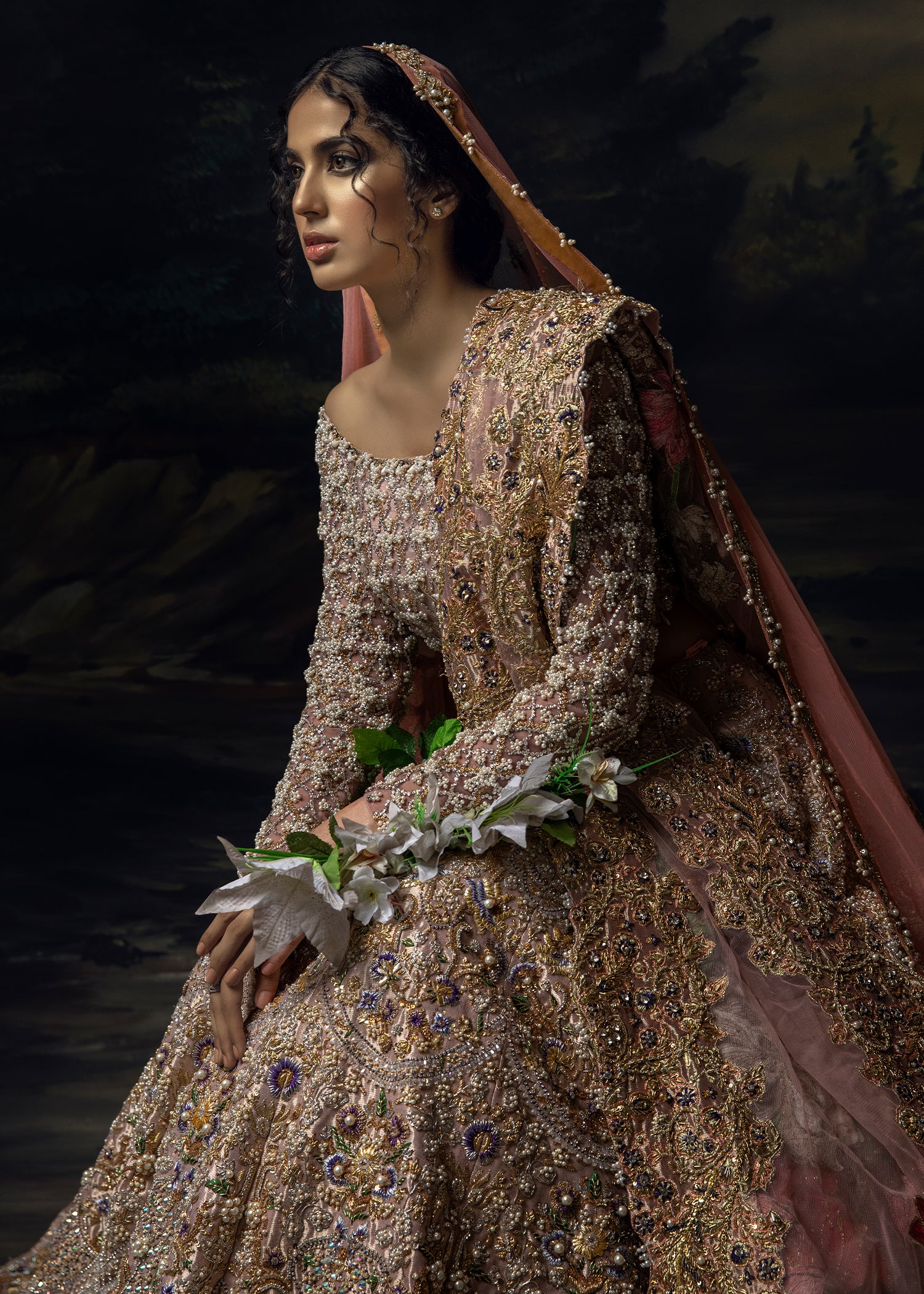 Rose Gold Embellished Silk-Blend Bridal Lehenga (3-Piece) - Image 3