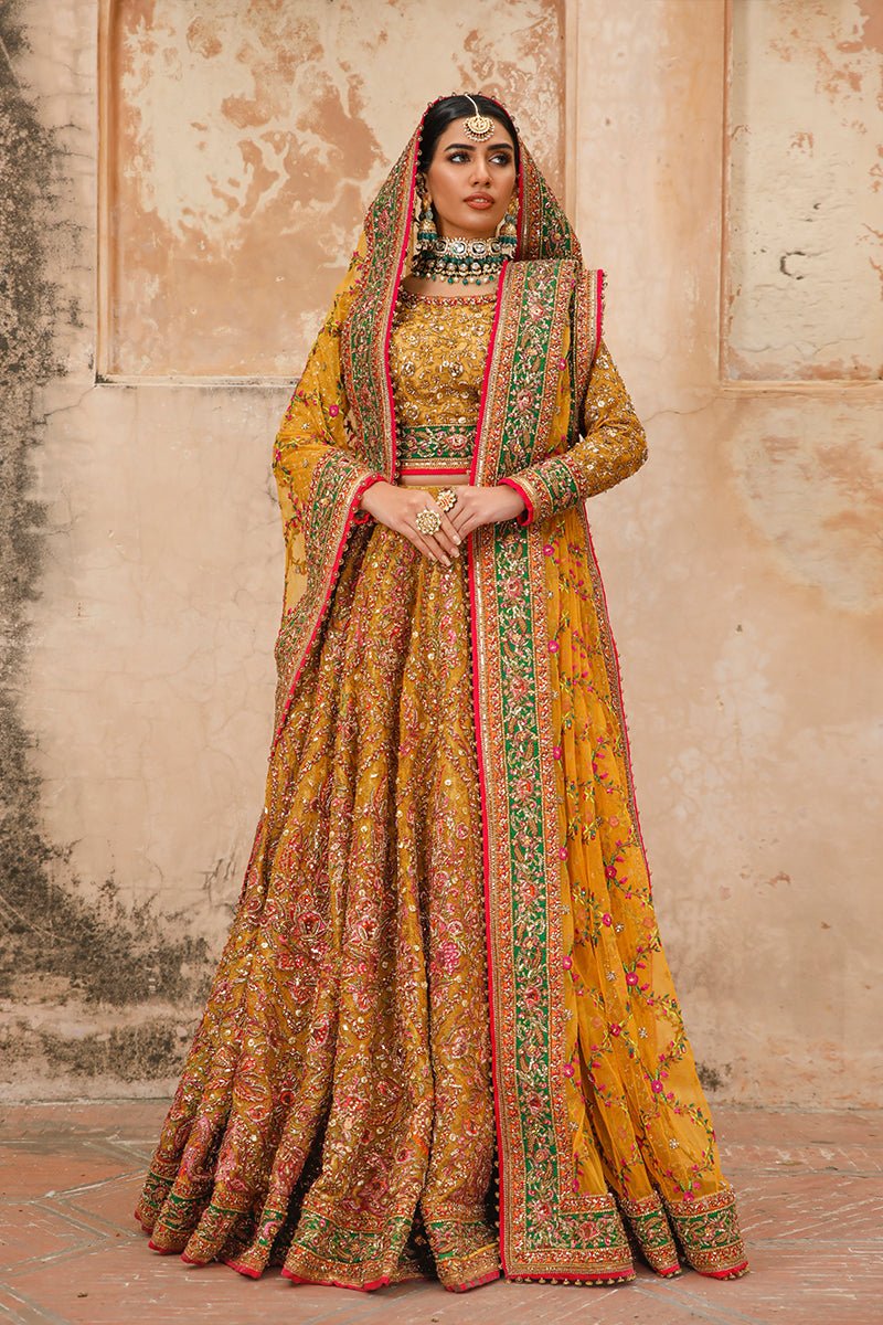 Pakistani Yellow Gold Zardozi Silk Lehenga Choli (3-Piece) - Image 1