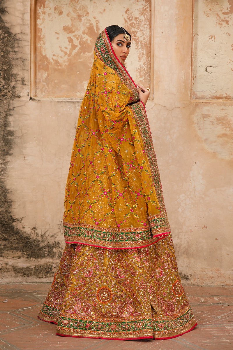 Pakistani Yellow Gold Zardozi Silk Lehenga Choli (3-Piece) - Image 3