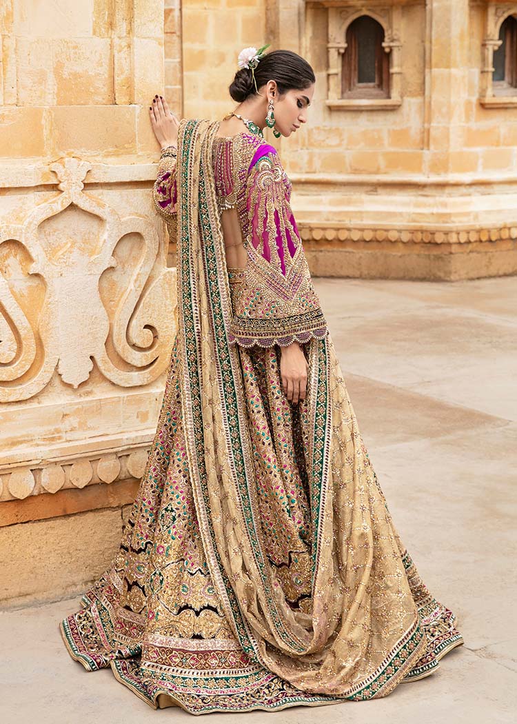 Gold Magenta Embellished Silk Bridal Lehenga (3-Piece) - Image 4