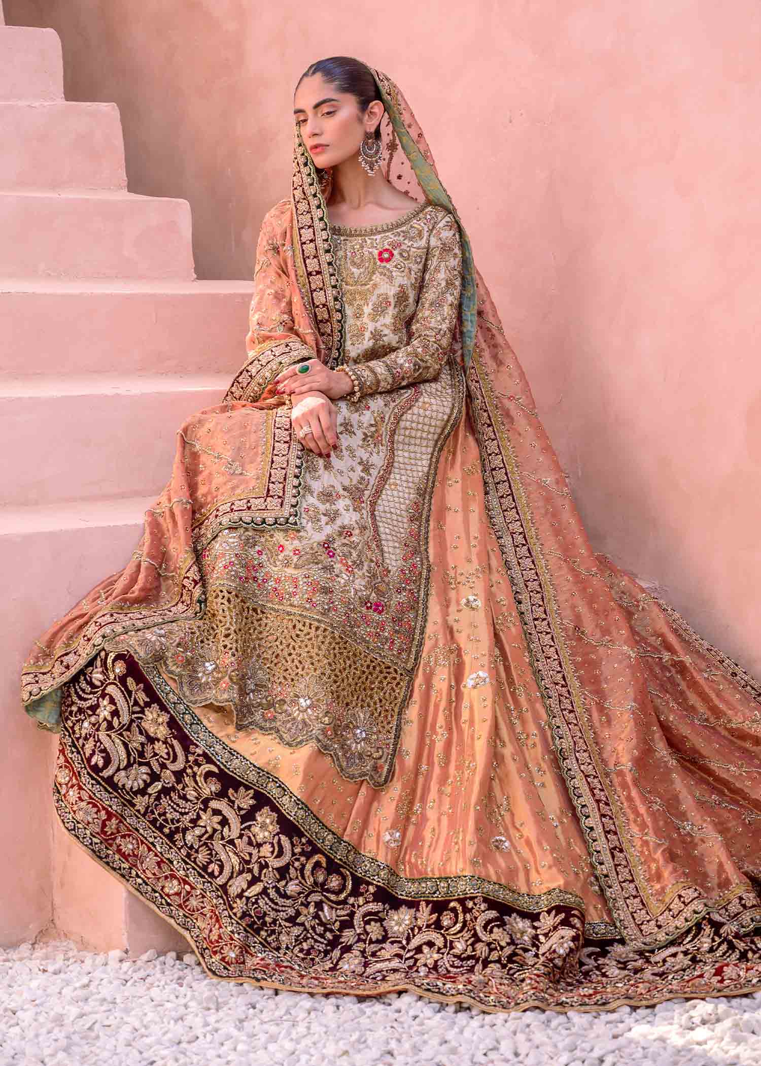 Pakistani Gold and Peach Embellished Silk Blend Bridal Lehenga (3-Piece) - Image 1
